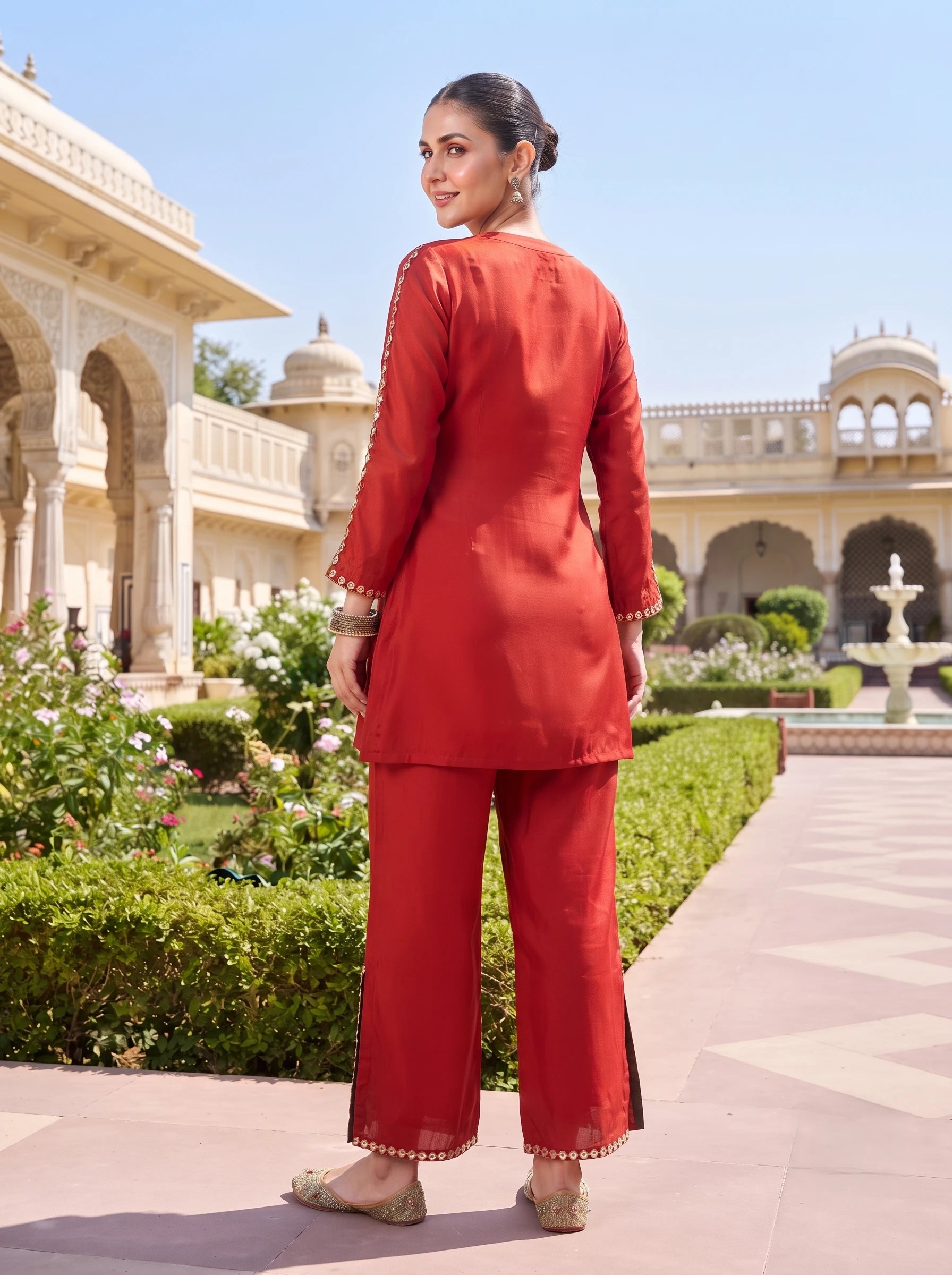 BURNT ORANGE FLORAL EMBROIDERED PURE CREPE  CO-ORD SET
