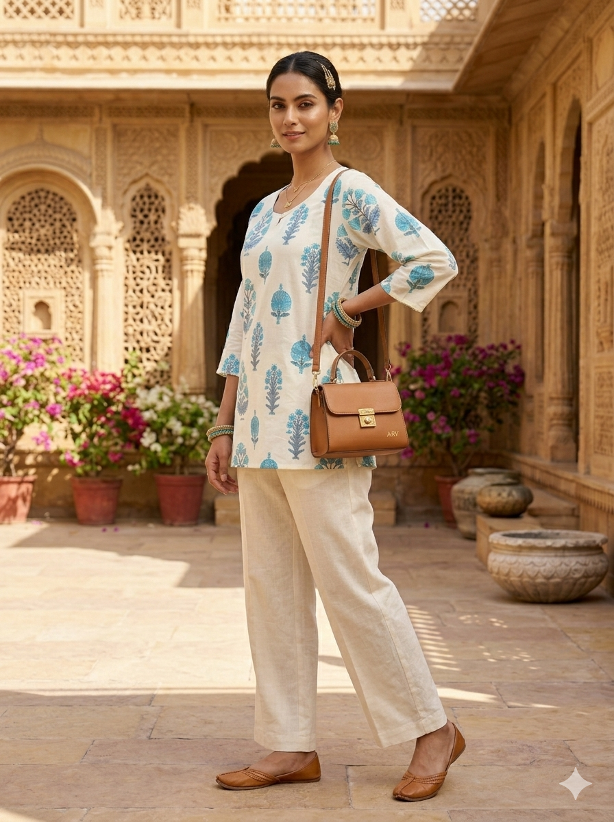 IVORY BLUE FLORAL EMBROIDERED KURTI