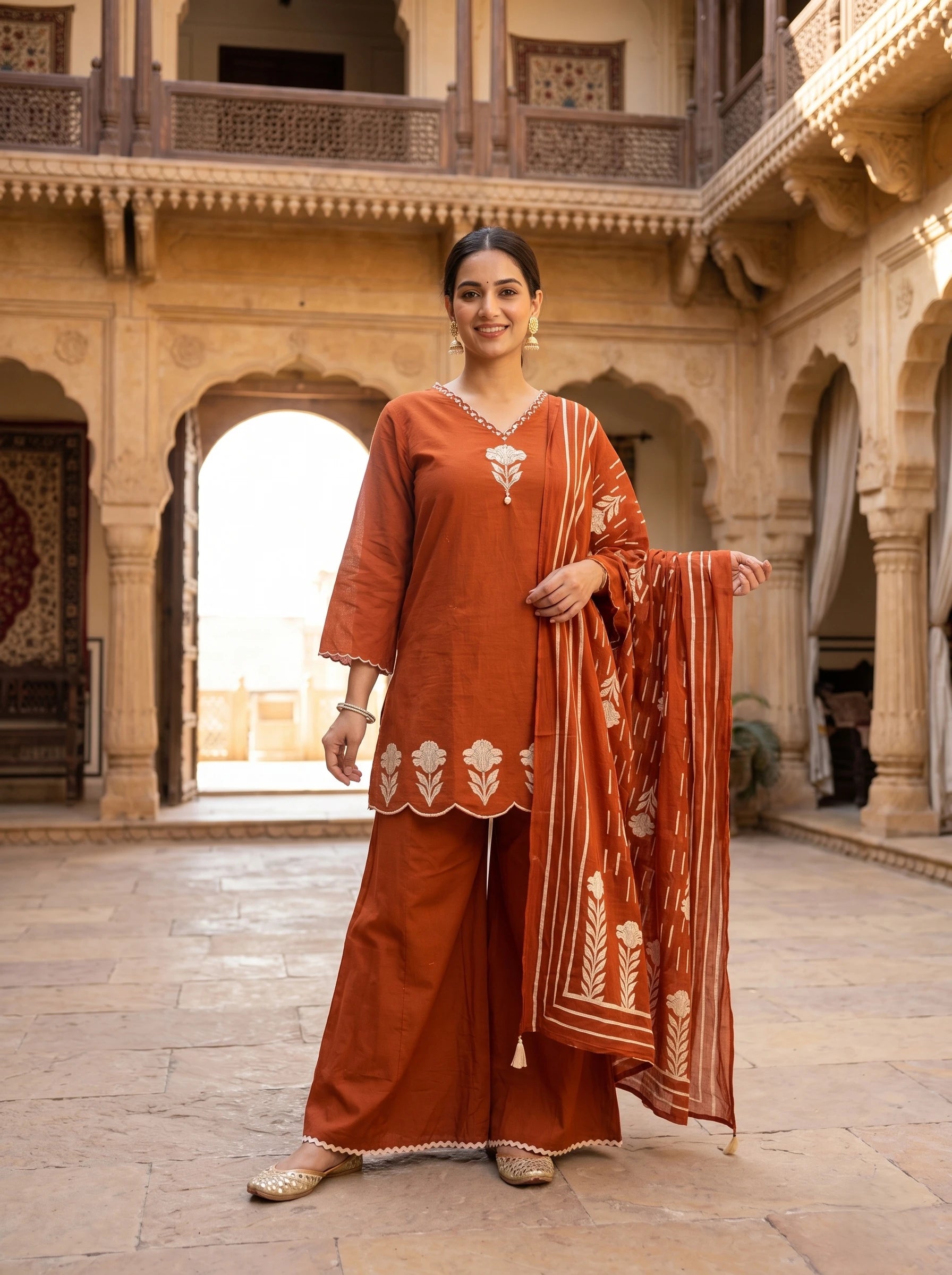 RUSTIC ELEGANCE MIRROR WORK MUL COTTON SHARARA SUIT SET