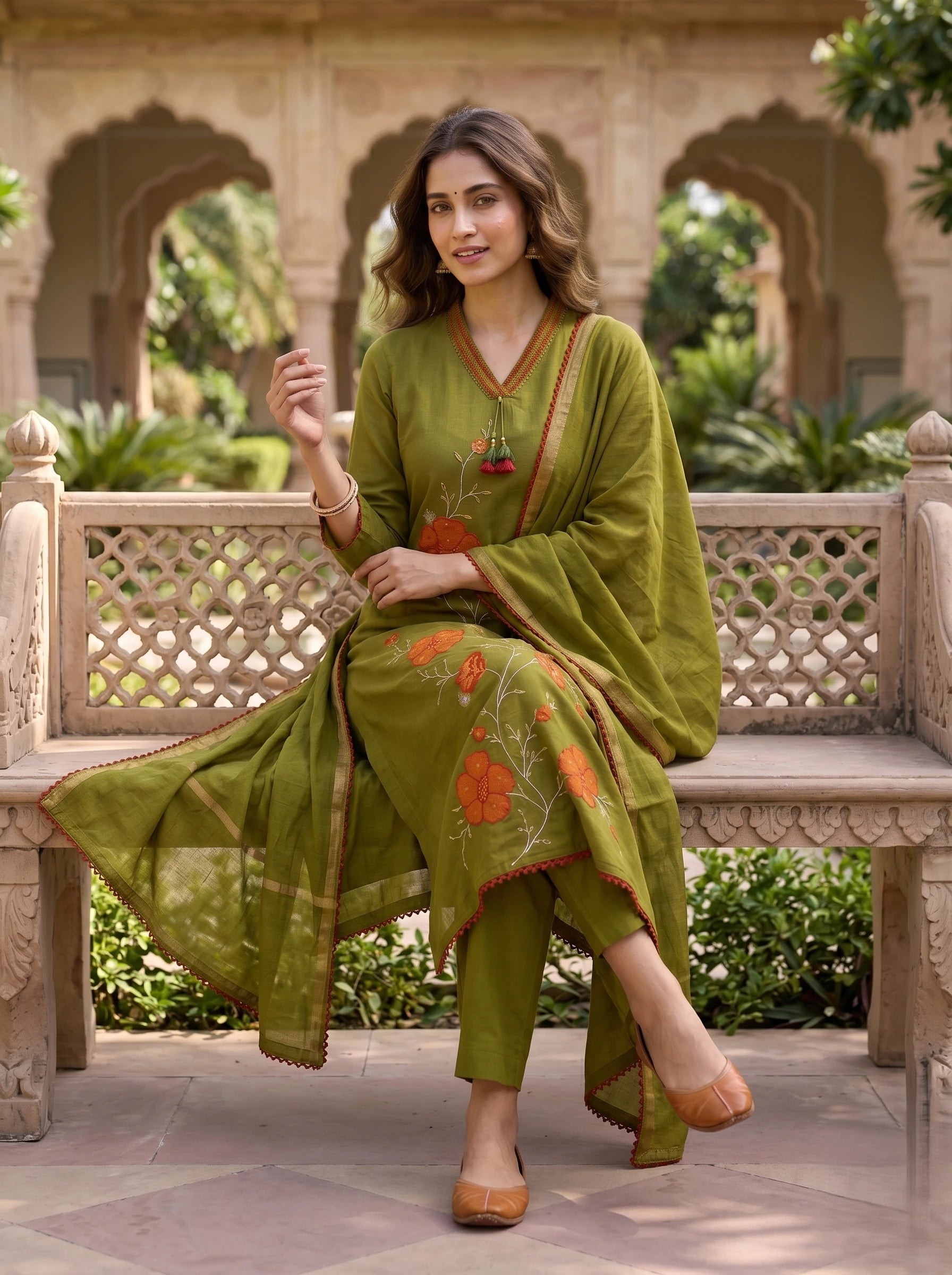 SAGE GREEN THREADWORK MUL COTTON SUIT SET