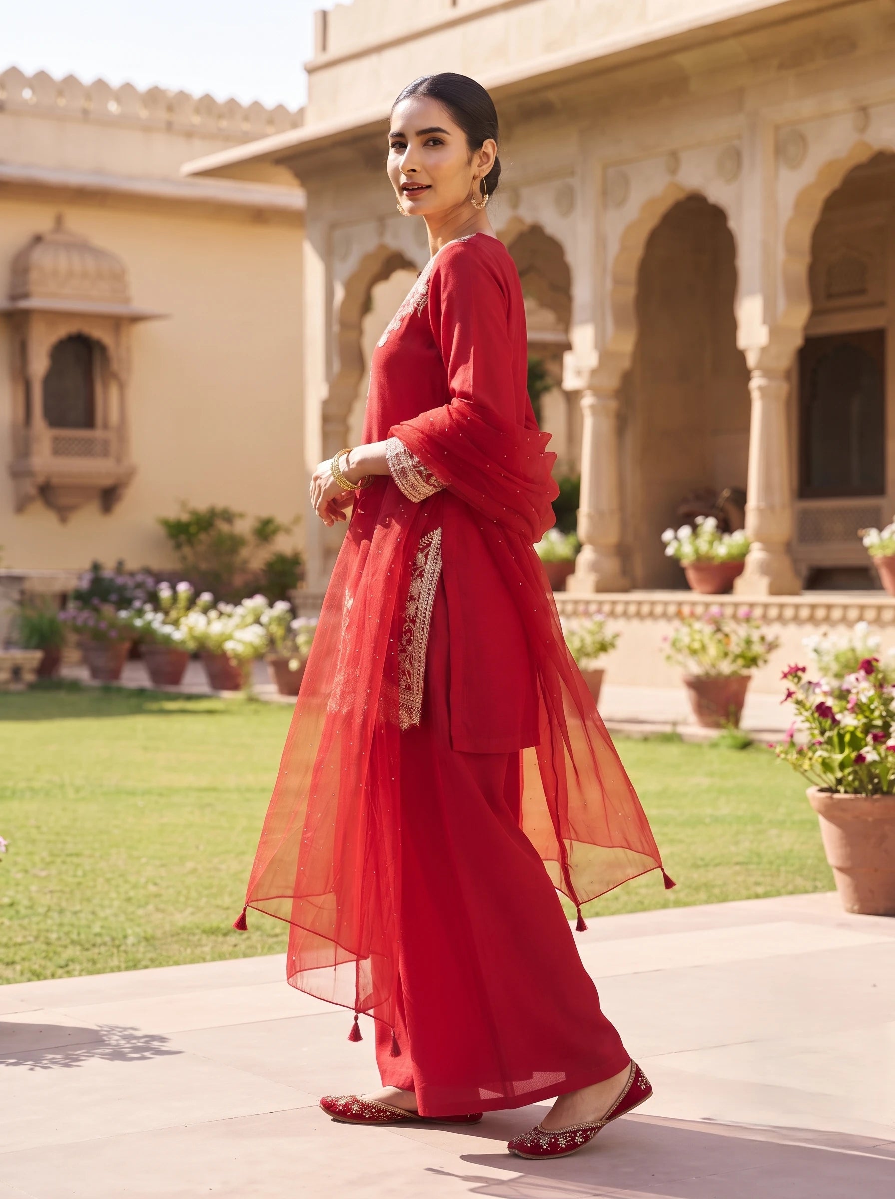 CRIMSON RED WITH GOLD PEARL DOLA SILK EMBROIDERED SUIT SET