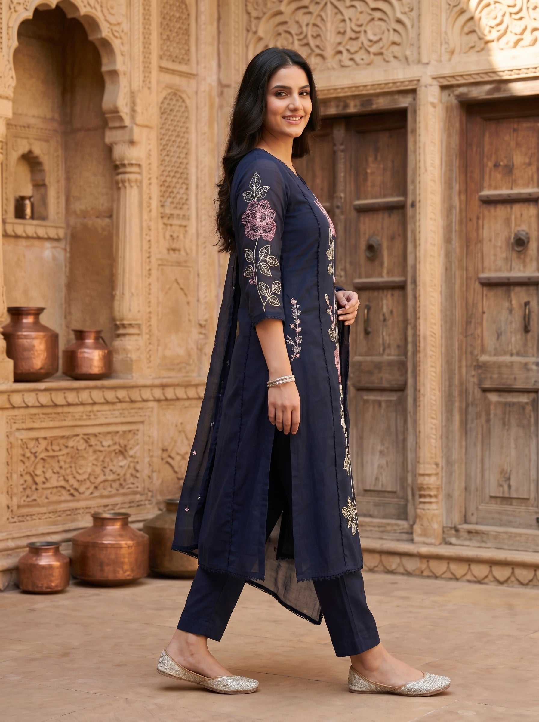 NAVY FLORAL THREADWORK POCKET MUL COTTON SUIT SET