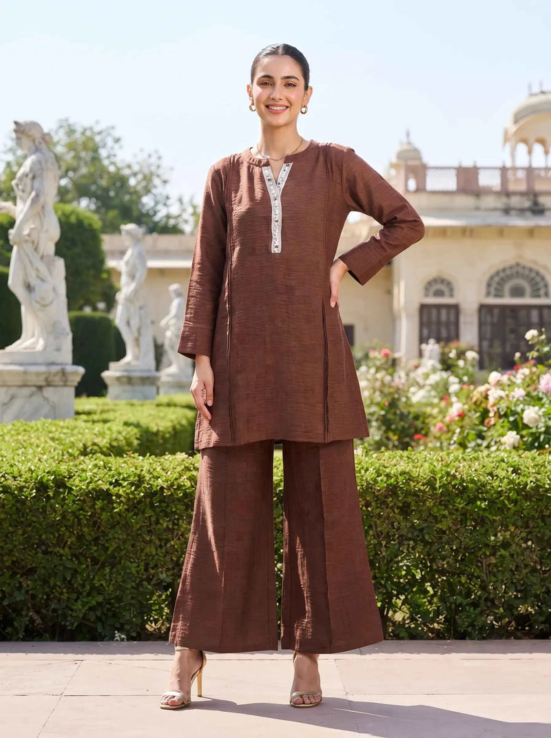 BROWN TEXTURED FABRIC EMBROIDERED NECKLINE CASUAL CO-ORD SET