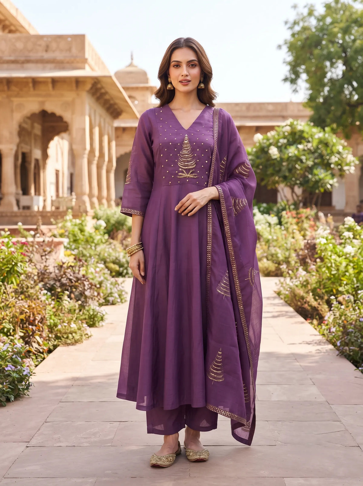 DUSKY PURPLE ANARKALI WITH GOLD HAND EMBROIDERED SUIT SET