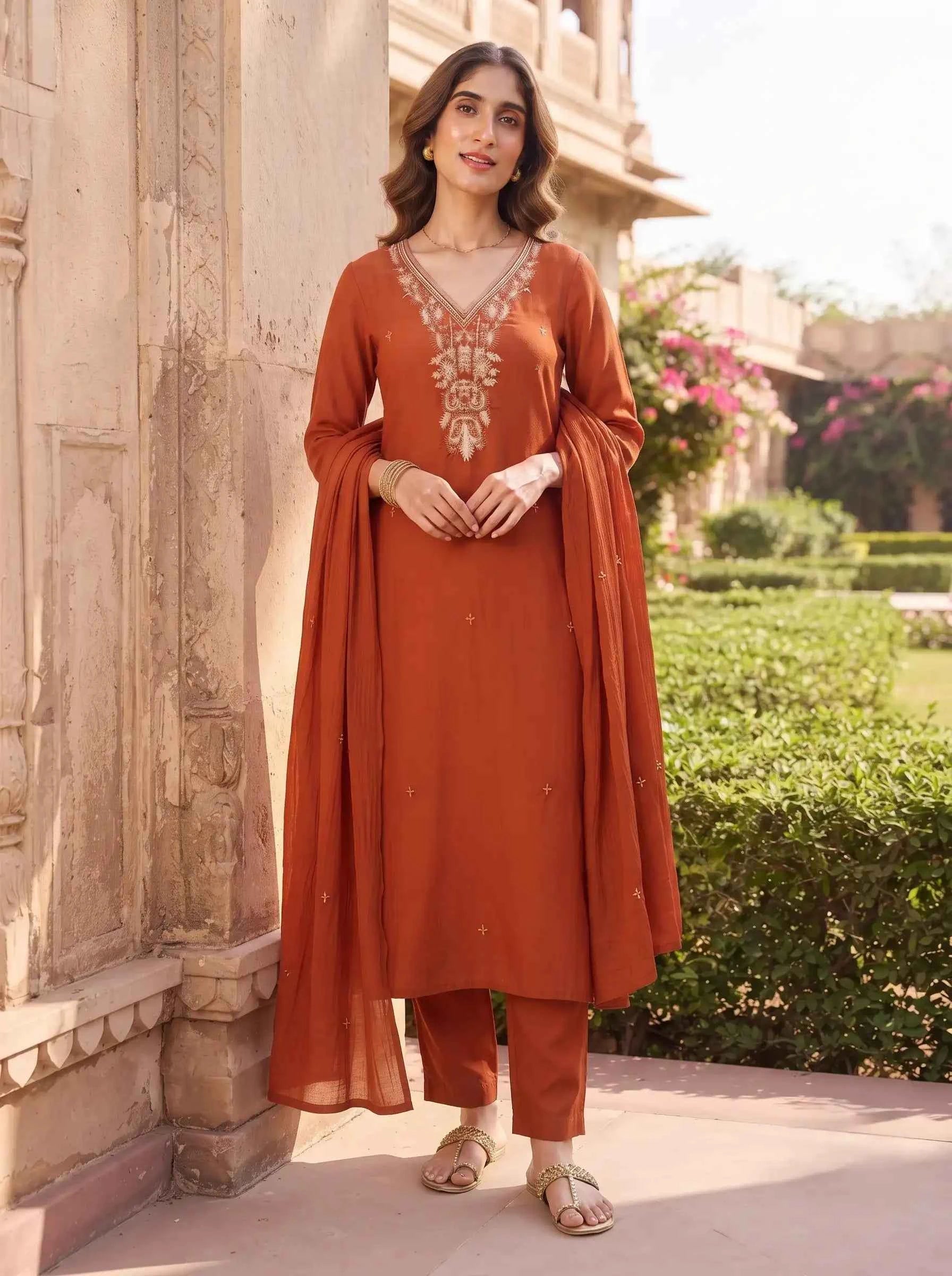 COPPER BROWN BEADWORK FESTIVE DESIGNER SUIT SET