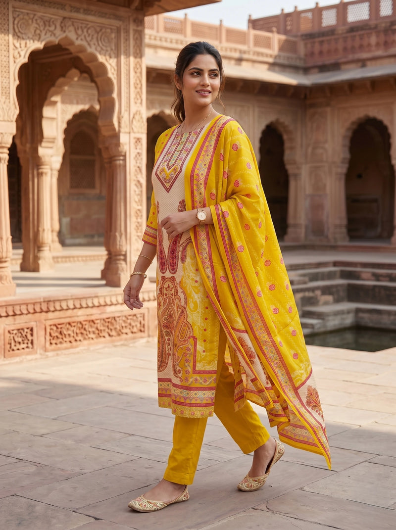 ROYAL YELLOW MIRROR HANDWORK PURE CREPE SUIT SET