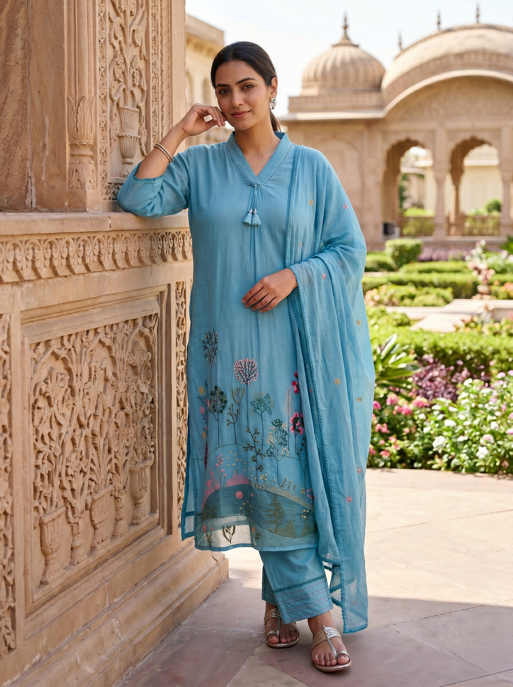 AQUA BLOOM THREADWORK MUL COTTON SUIT SET