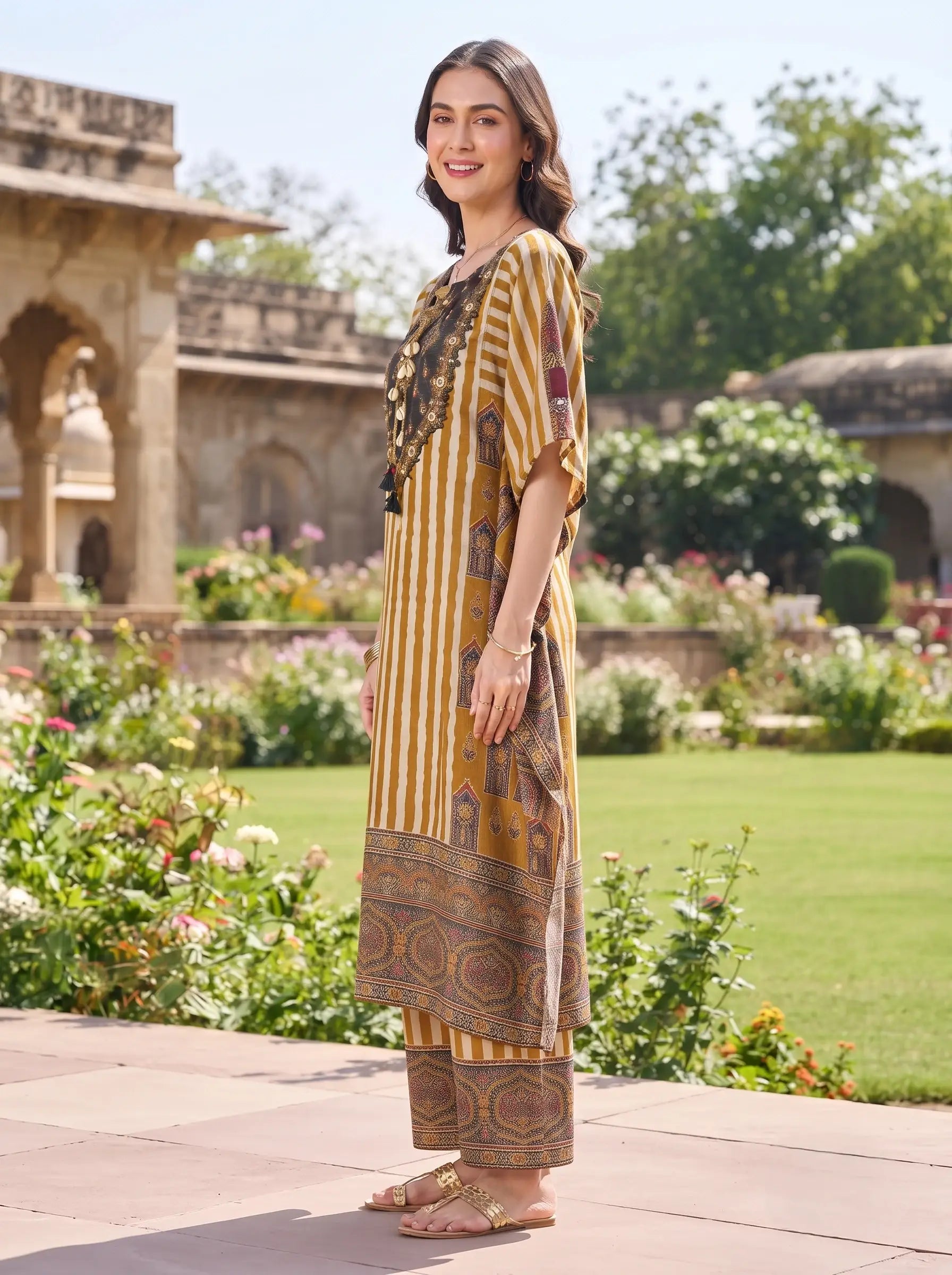 BROWN BOHEMIAN MIRROR WORK & COWRY SHELL MUSLIN KAFTAN CO-ORD SET
