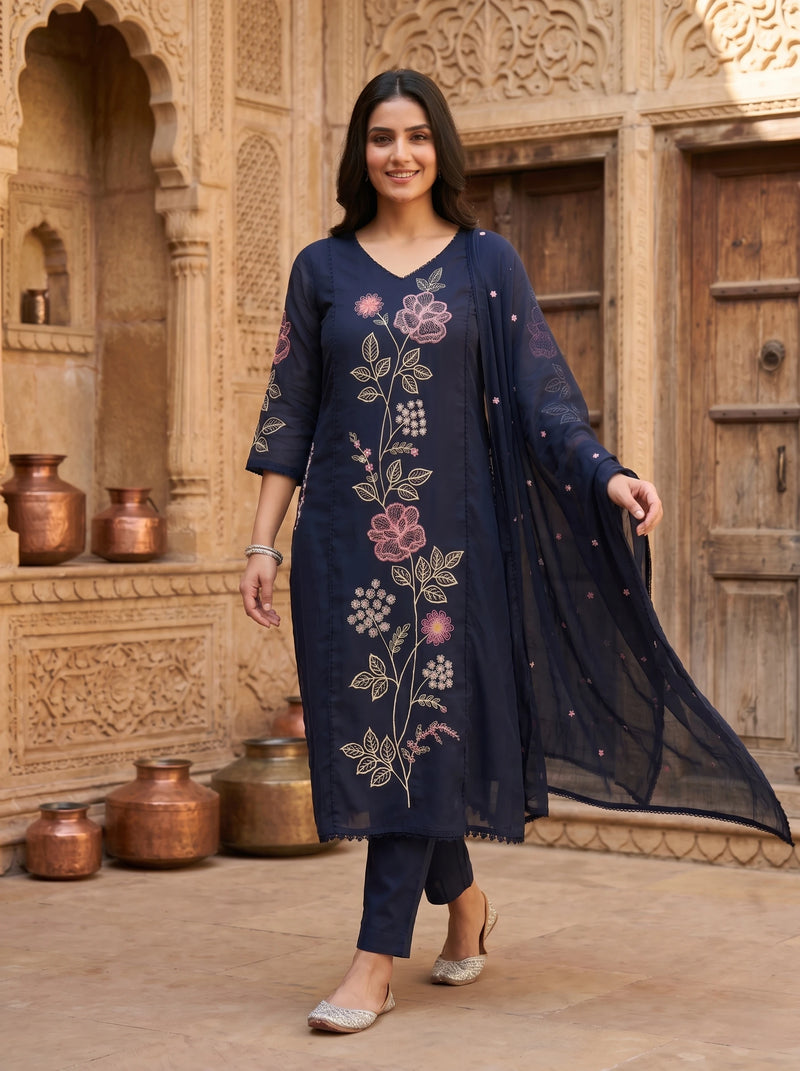 NAVY FLORAL THREADWORK POCKET MUL COTTON SUIT SET