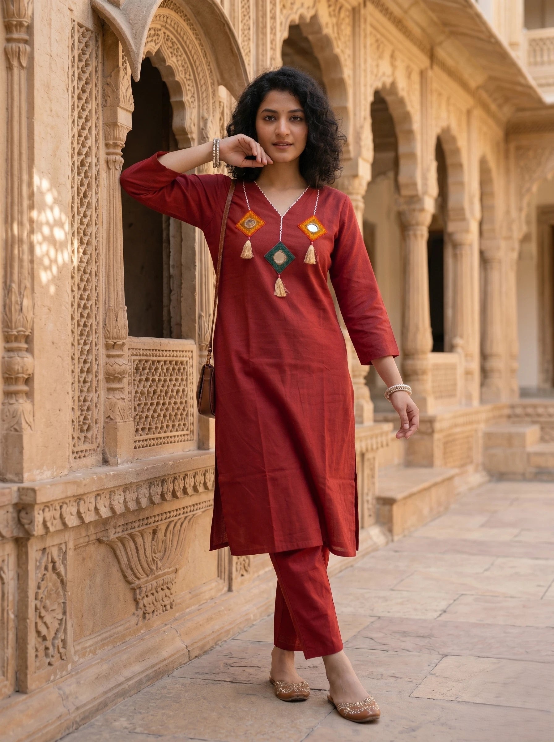 MAROON EMBROIDERED STRAIGHT KURTA SET