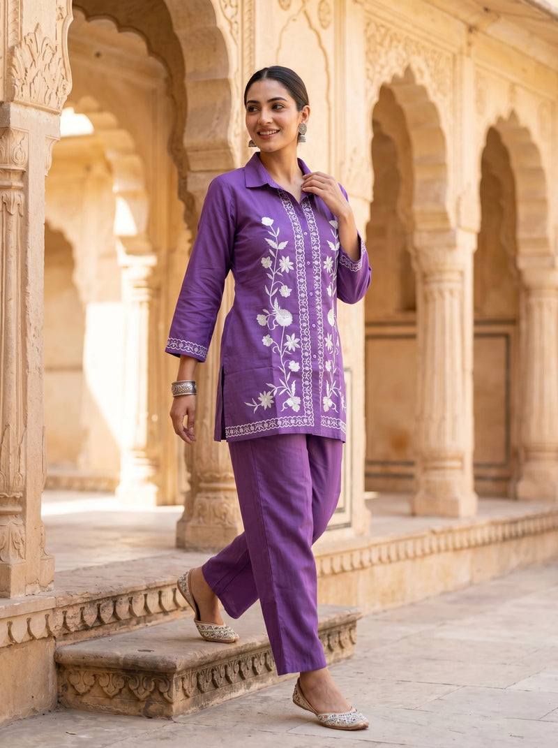 PURPLE EMBROIDERED 100% PURE COTTON CO-ORD SET