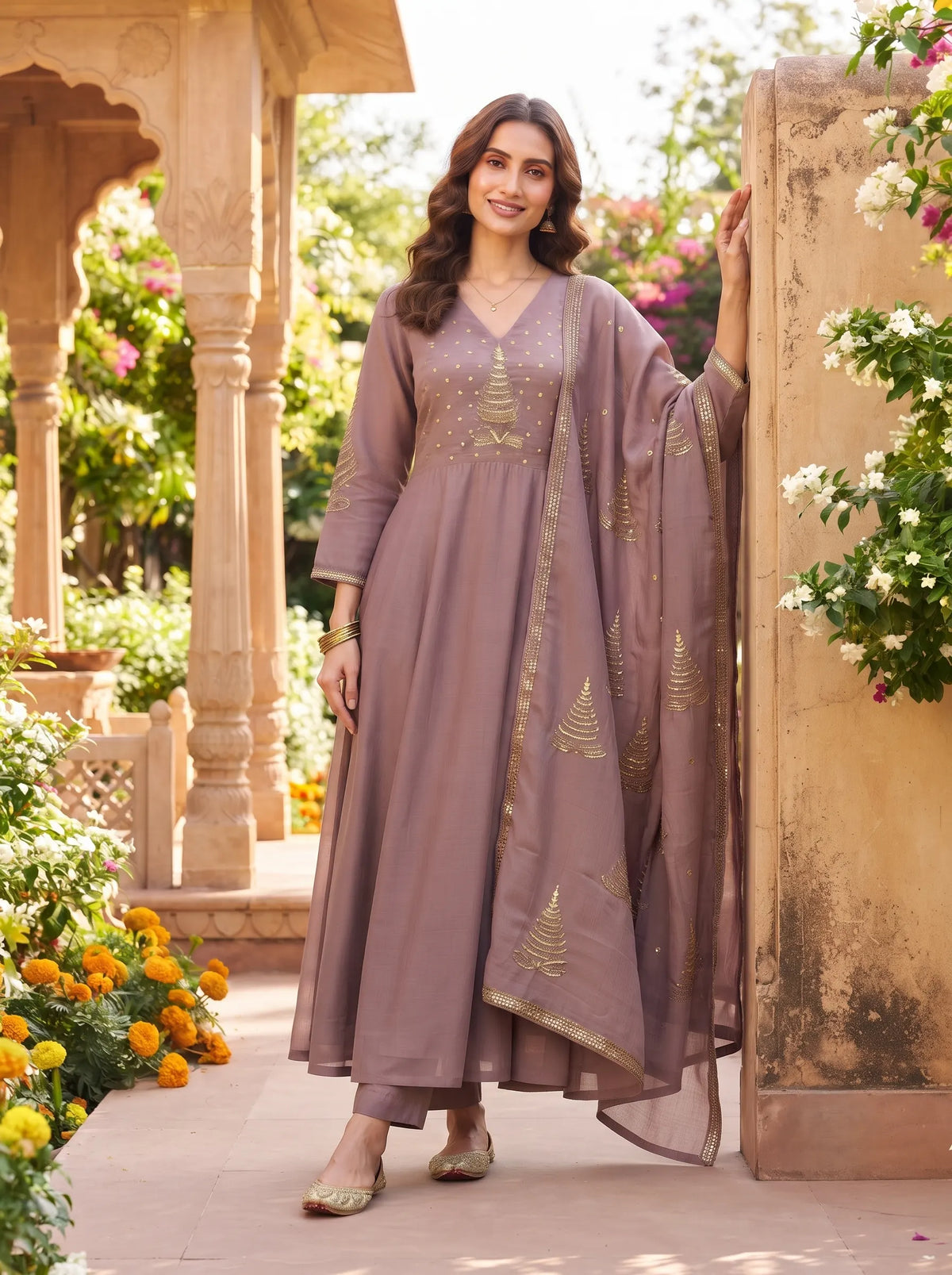 LILAC ANARKALI WITH GOLDEN TREE MOTIF EMBROIDERD SUIT SET