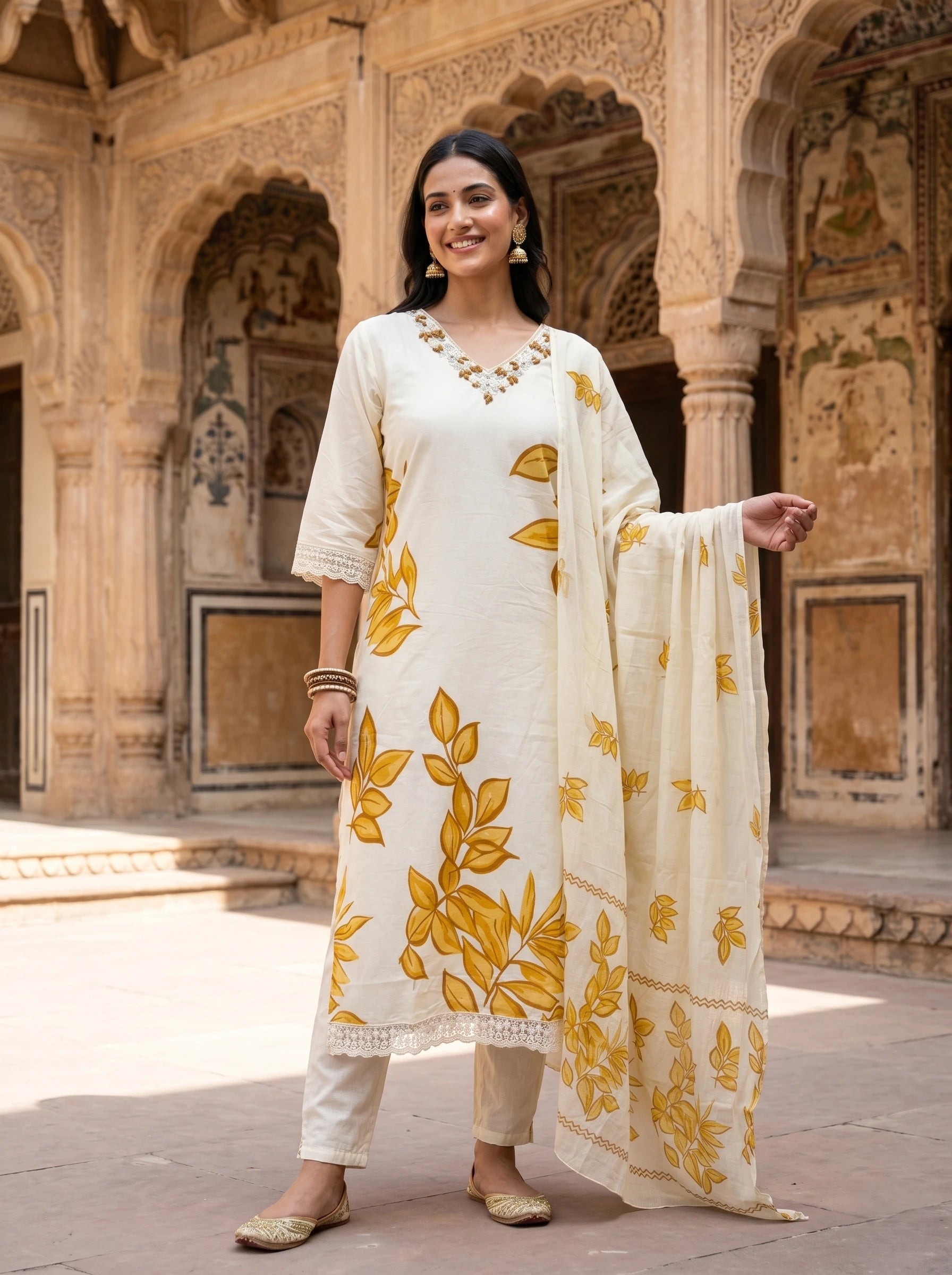 CLASSIC OFF-WHITE EMBROIDERED SUIT SET