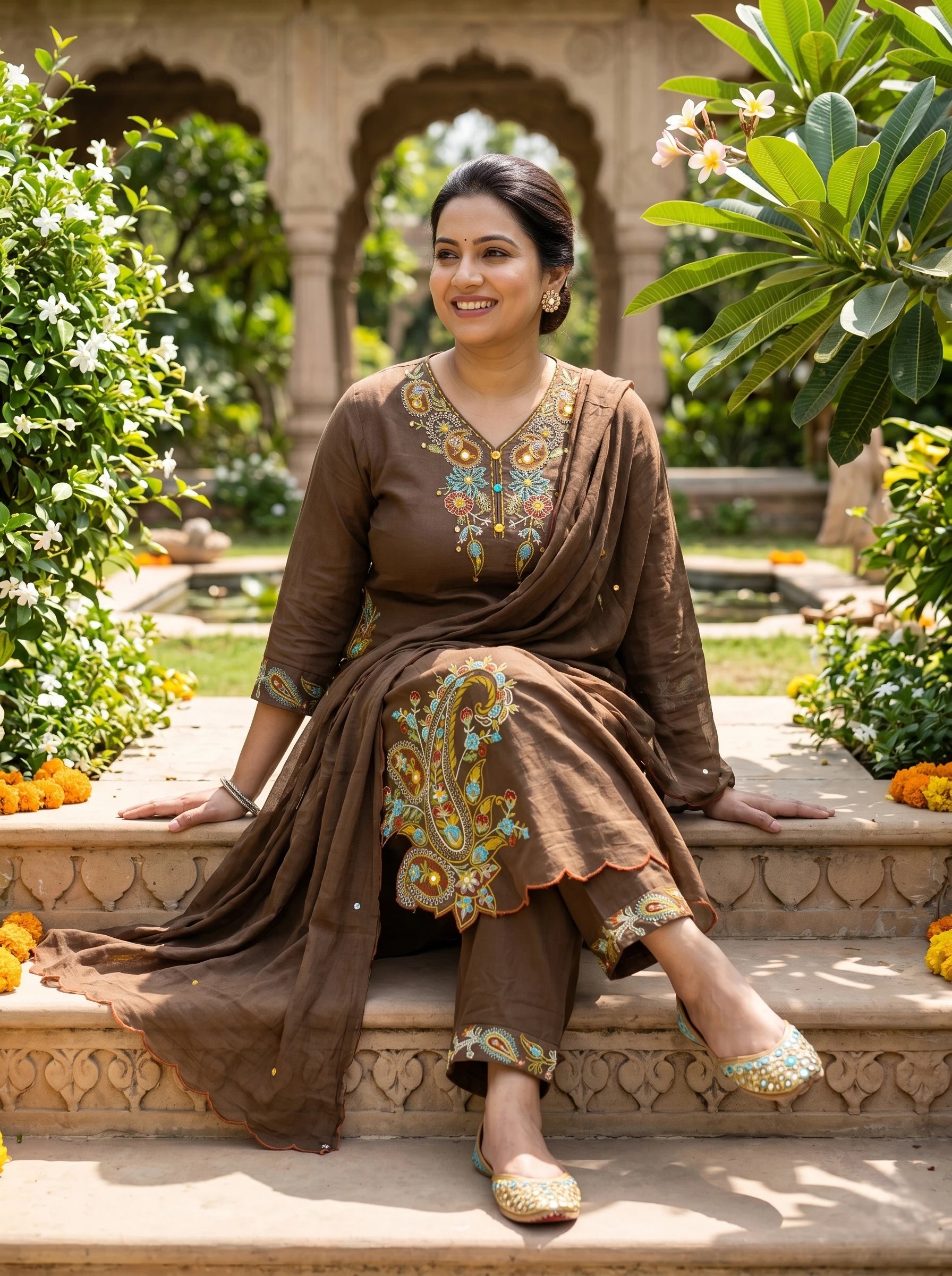 COFFEE  BROWN THREADWORK MUL  COTTON SUIT  SET
