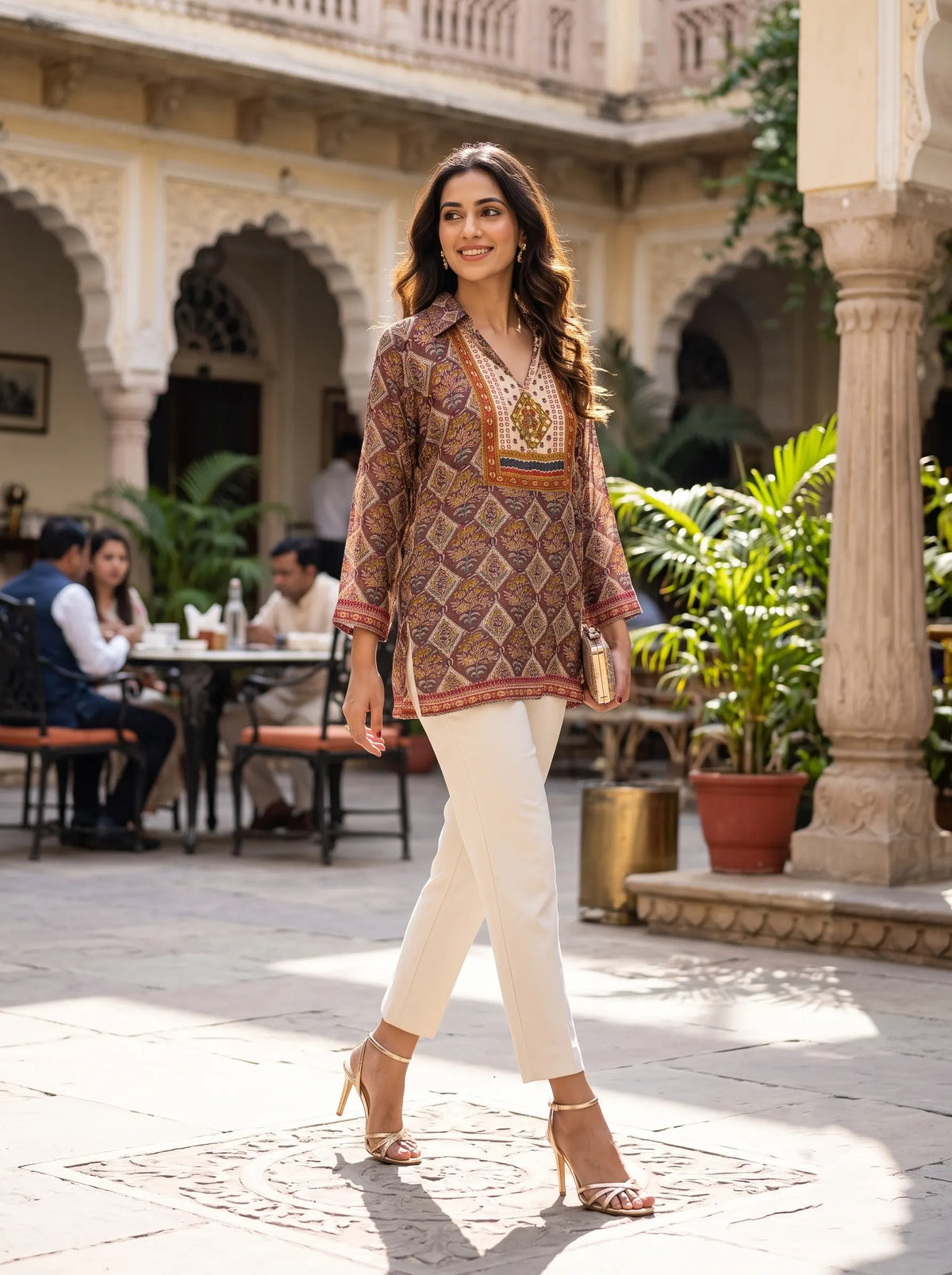 BROWN AND BEIGE TRADITIONAL PURE MUSLIN SHIRT TOP