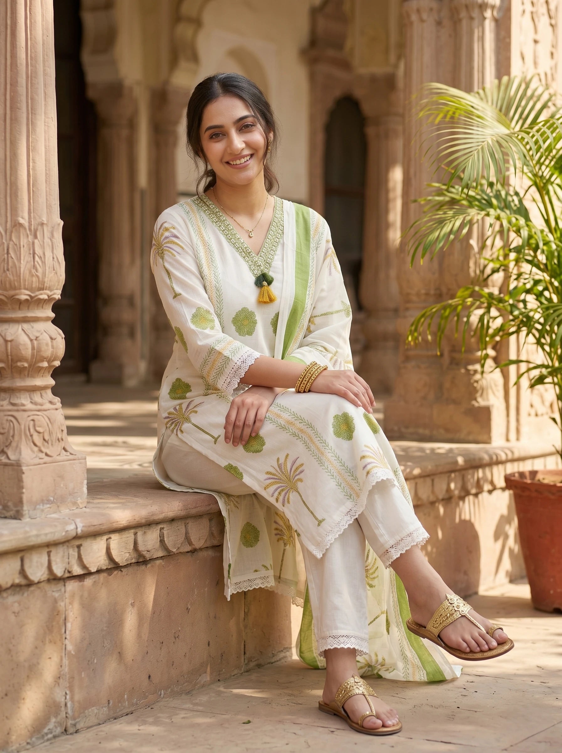 GREEN PETAL CHARM NECK EMBROIDERED SUIT SET