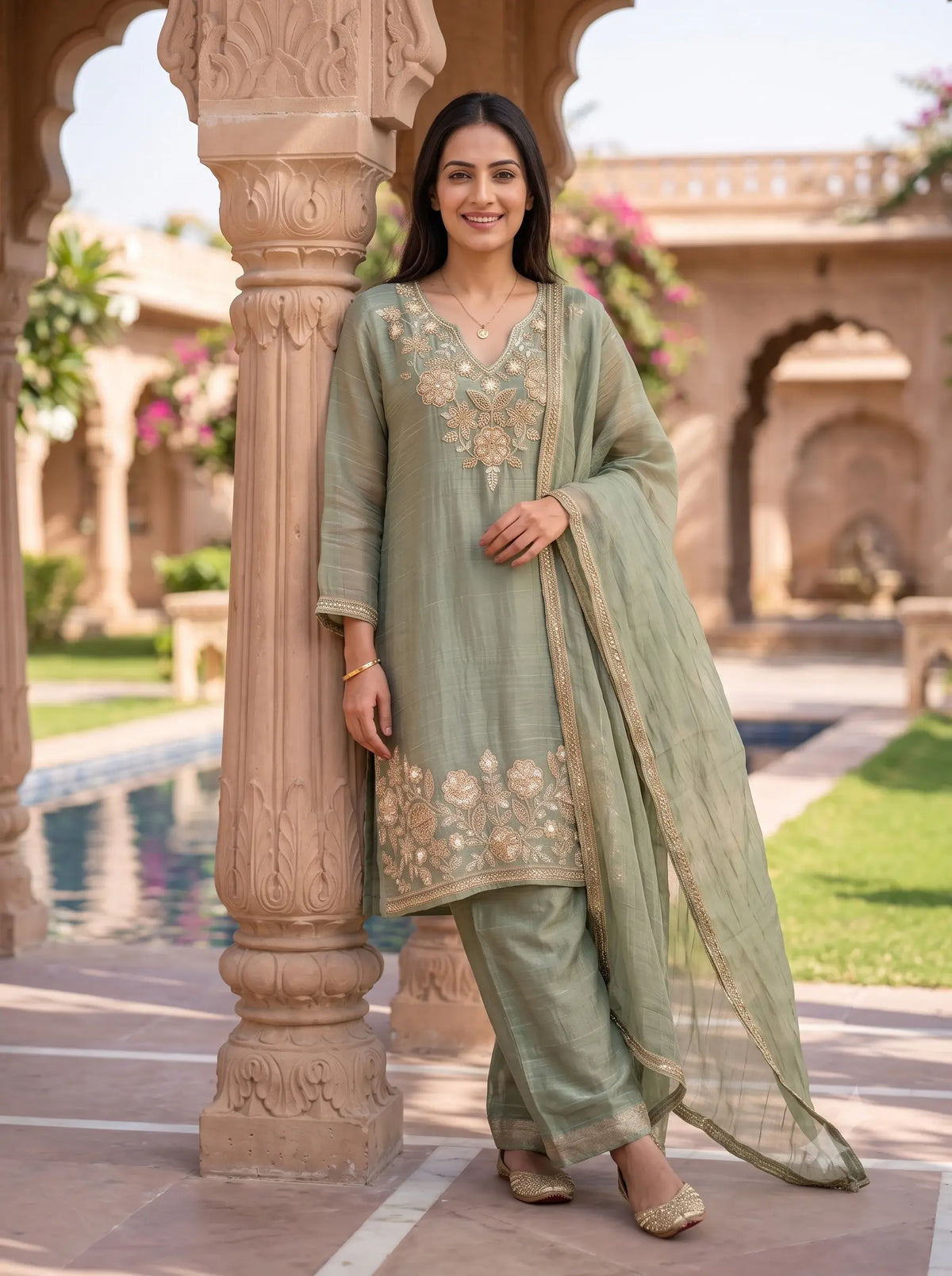SAGE GREEN HAND EMBROIDERED DESIGNER FESTIVE SALSA SUIT SET
