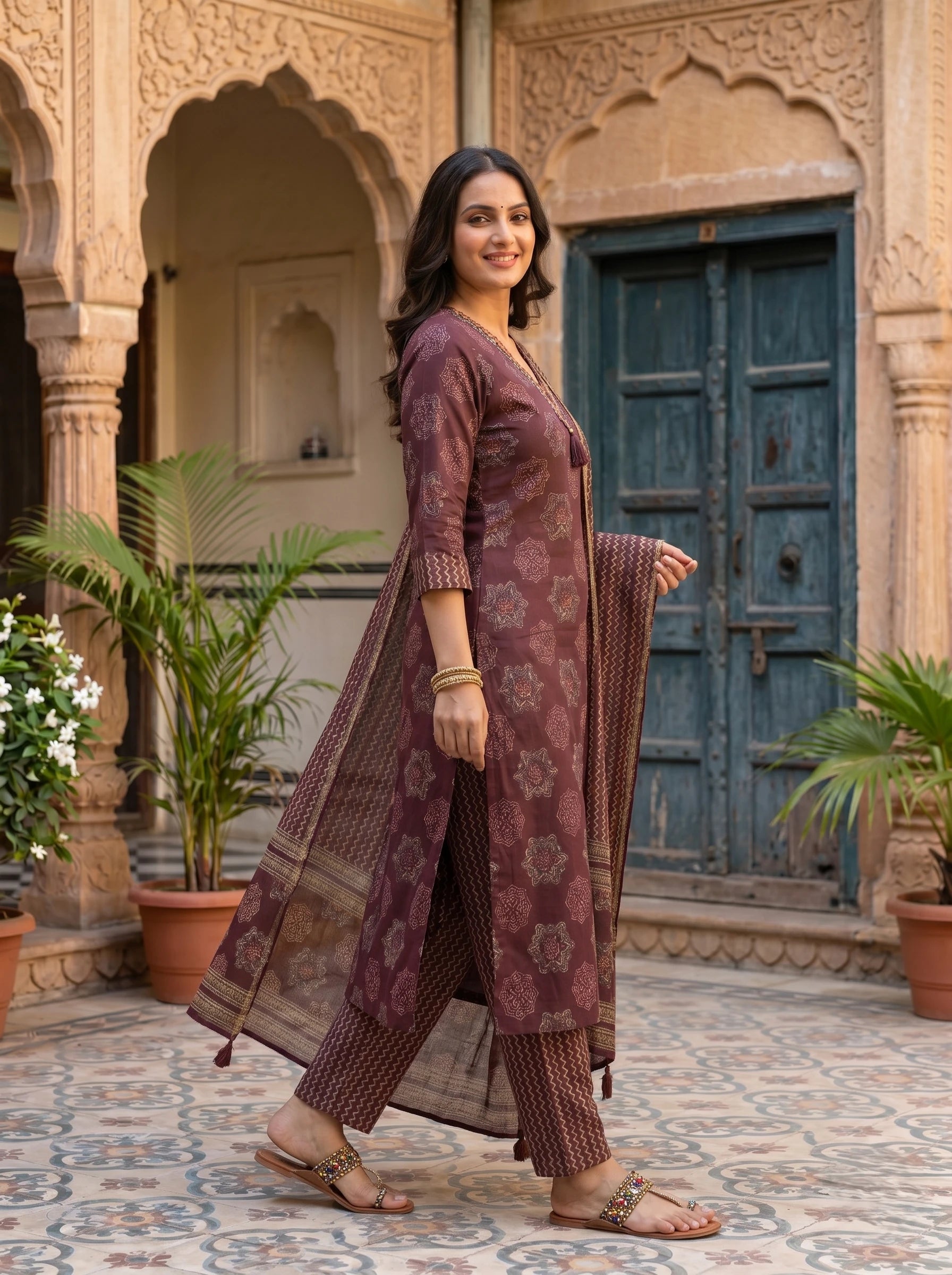 WINE BLOCK PRINT NECK EMBROIDERED SUIT SET