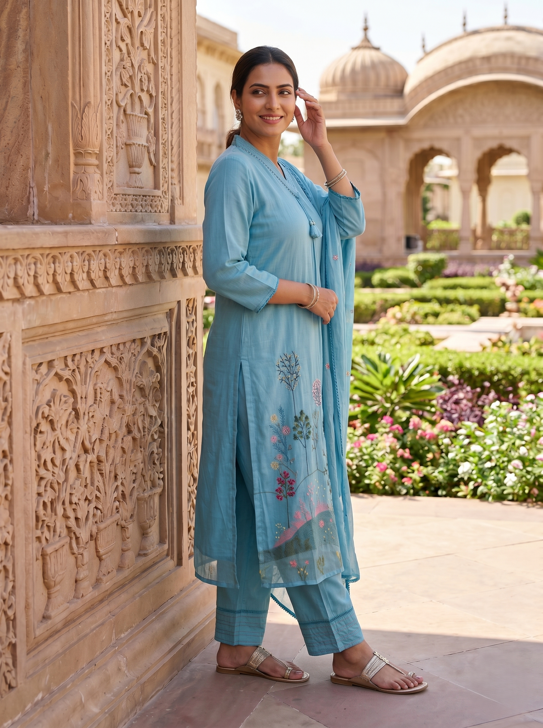 AQUA BLOOM THREADWORK MUL COTTON SUIT SET