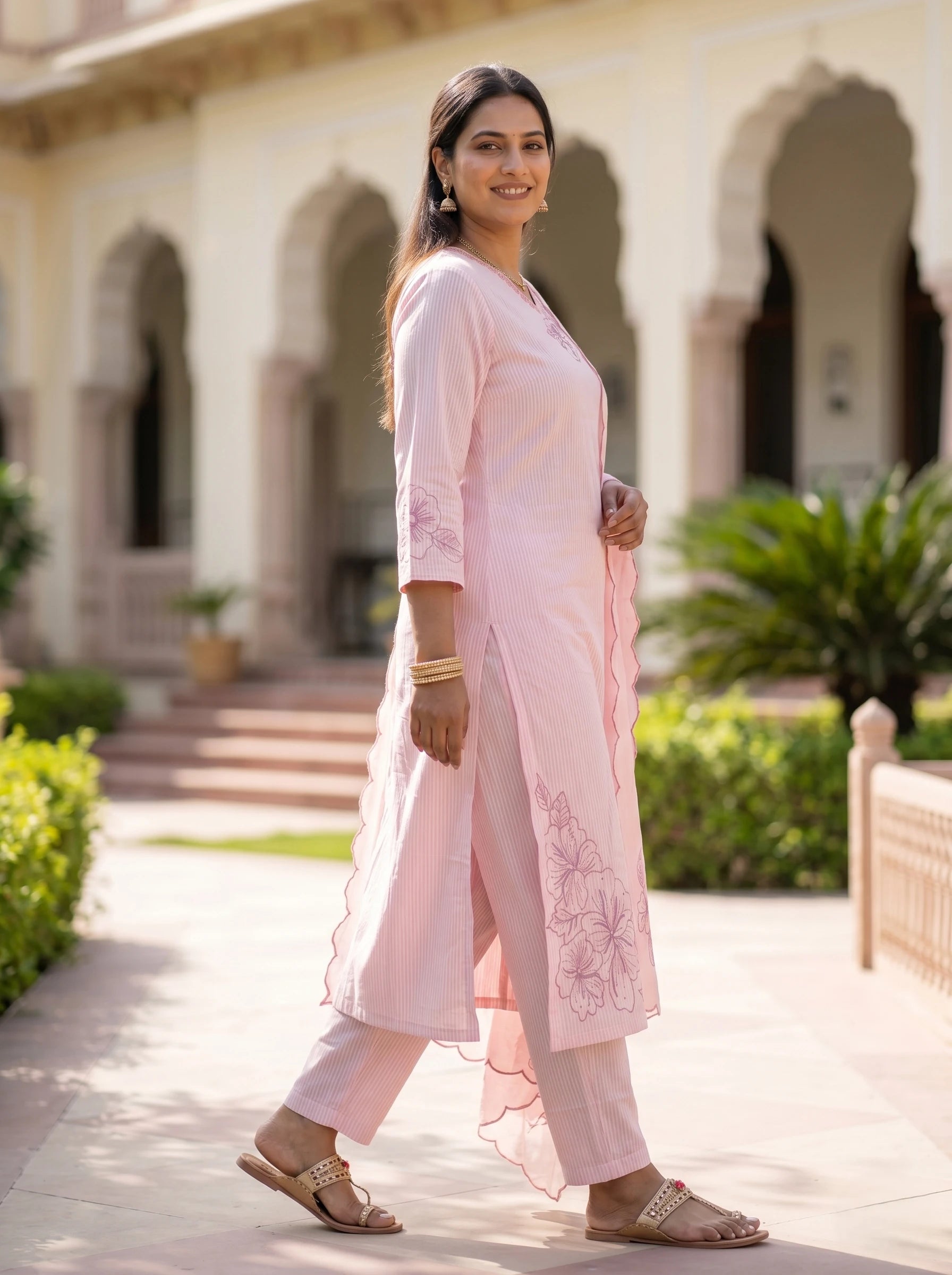 PINK FLORAL THREADWORK SUIT SET