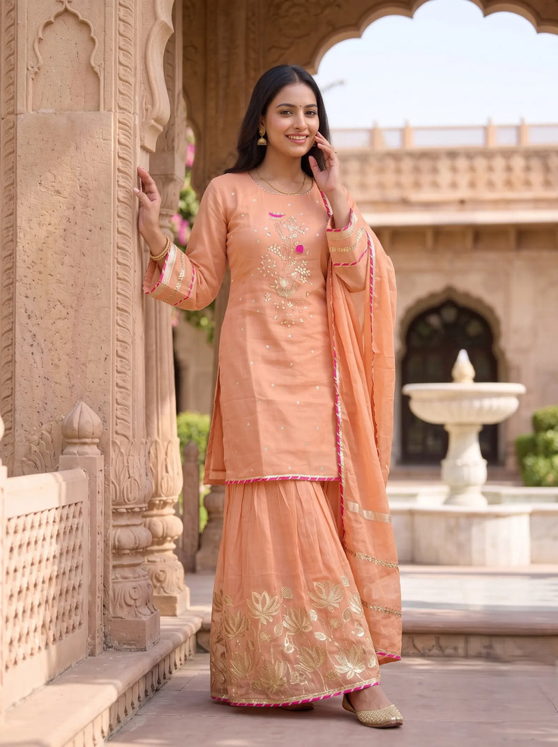 PEACH BLOOM HAND EMBROIDERED BANARSI MUL CHANDERI SUIT SET