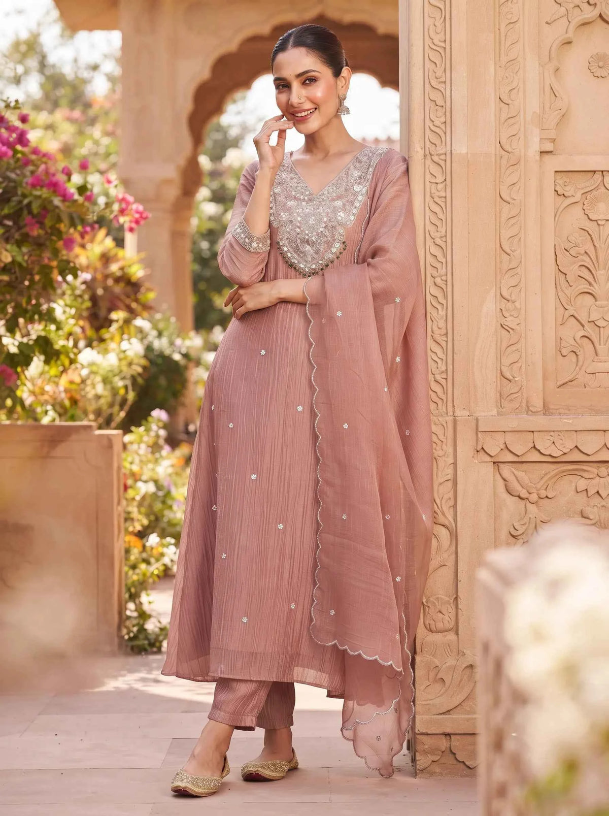 DUSTY PINK FESTIVE WEAR HAND EMBROIDERED CRUSH SALSA SUIT SET