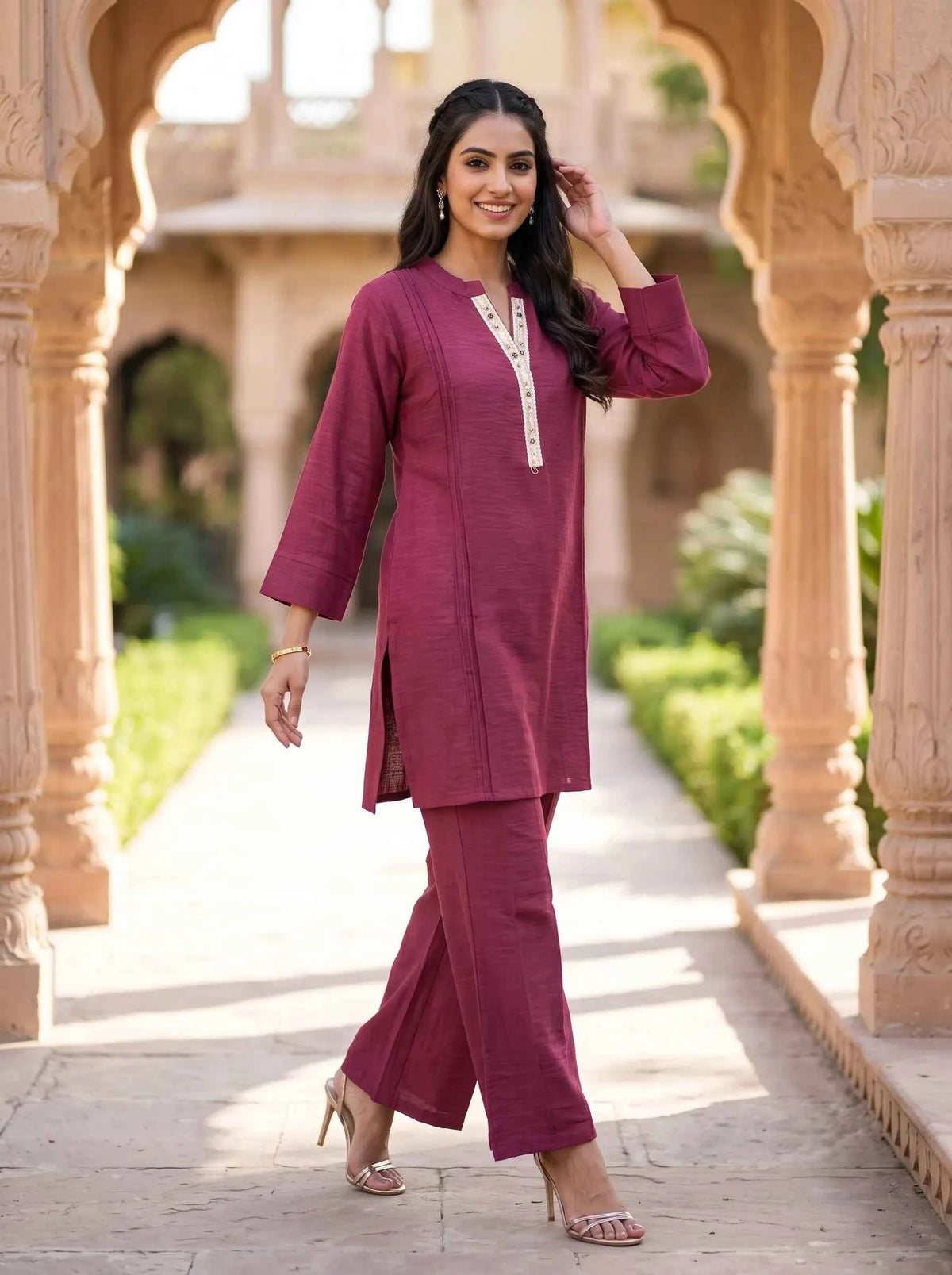WINE RED EMBROIDERED NECKLINE CASUAL EVERYDAY  WEAR CO-ORD SET