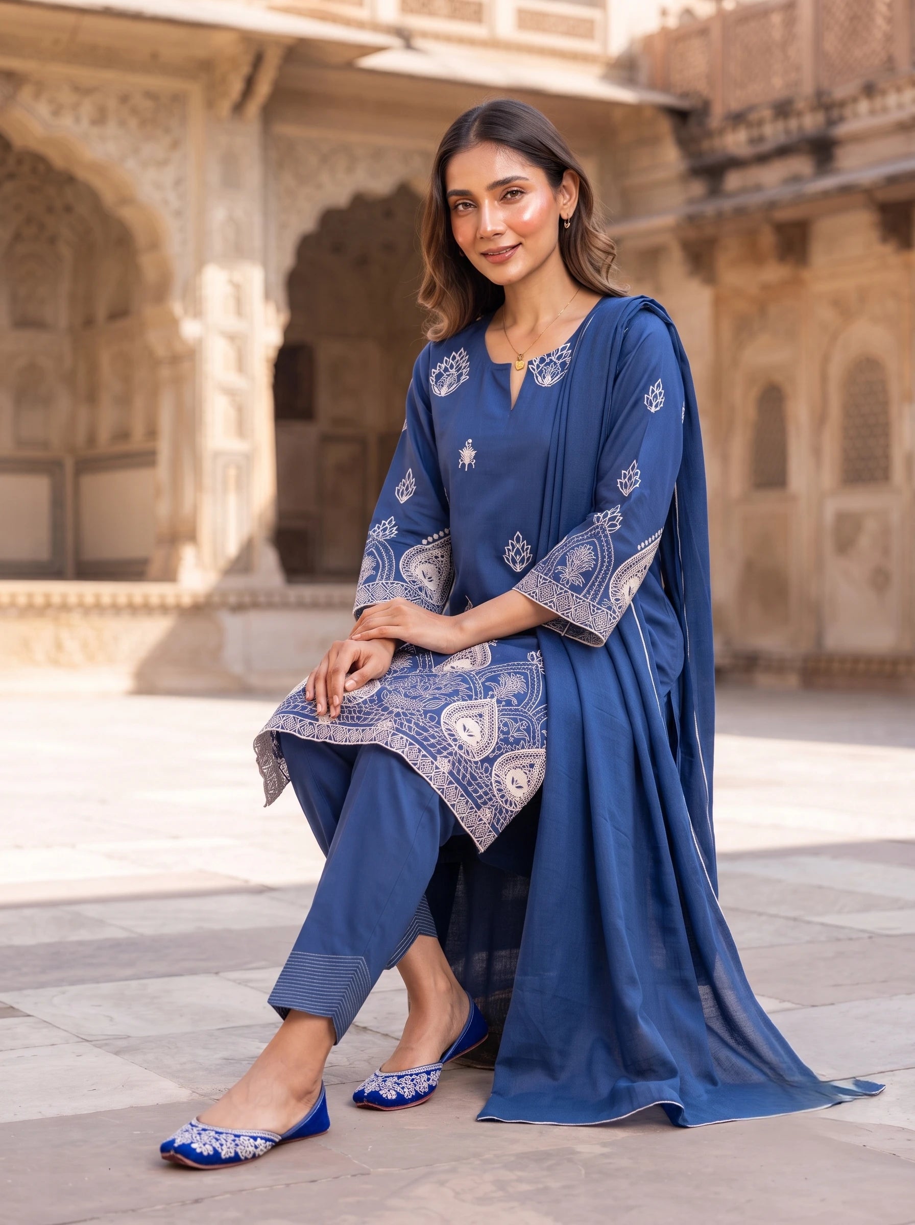NAVY BLUE ELEGANCE FULL EMBROIDERED PURE COTTON SUIT SET