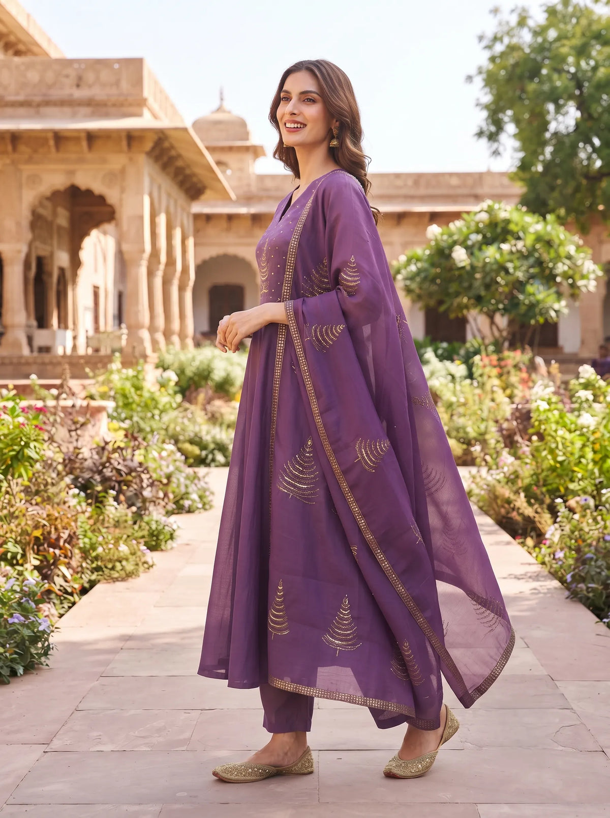 DUSKY PURPLE ANARKALI WITH GOLD HAND EMBROIDERED SUIT SET
