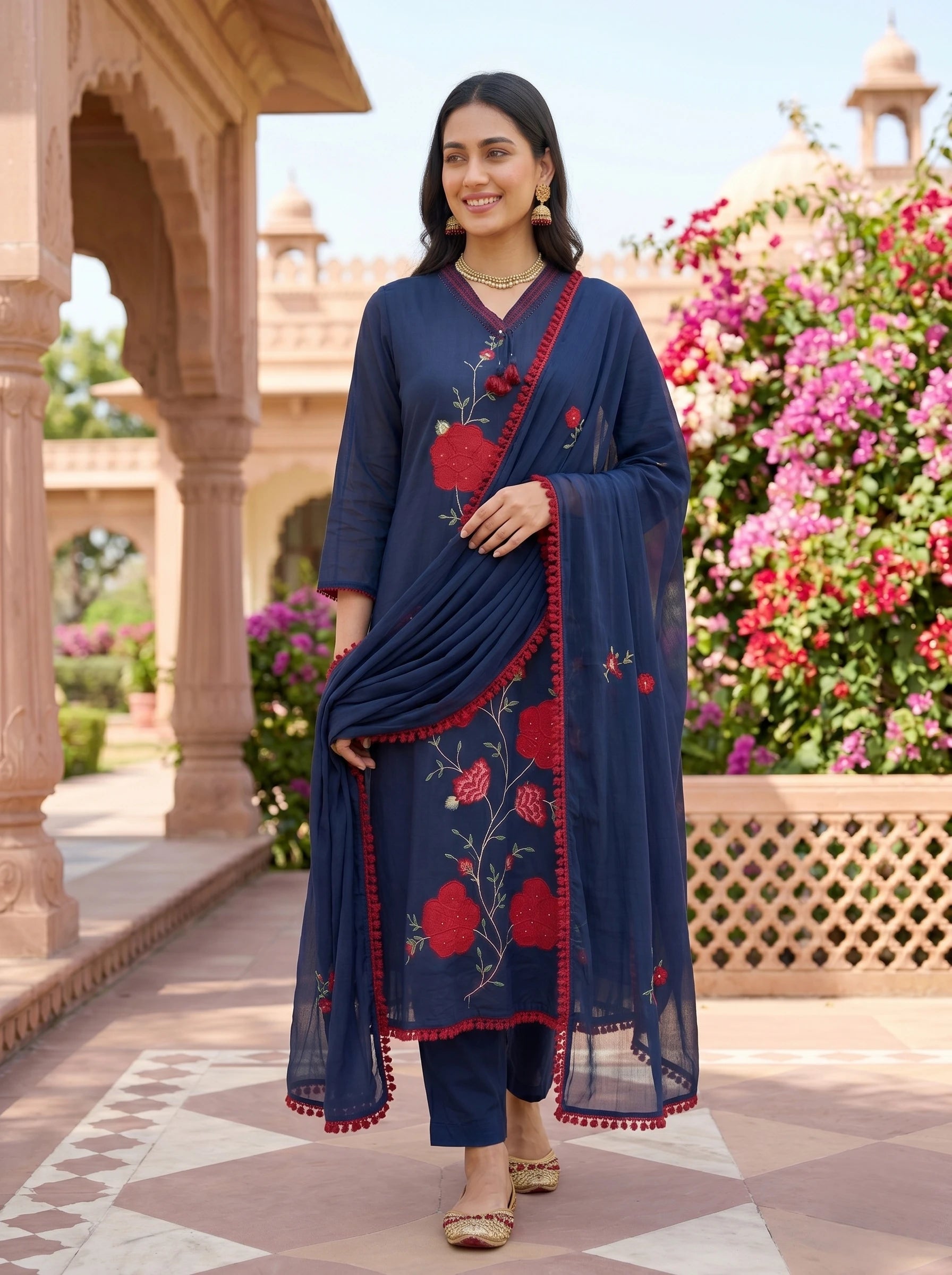 NAVY FLORAL THREADWORK MUL COTTON SUIT SET