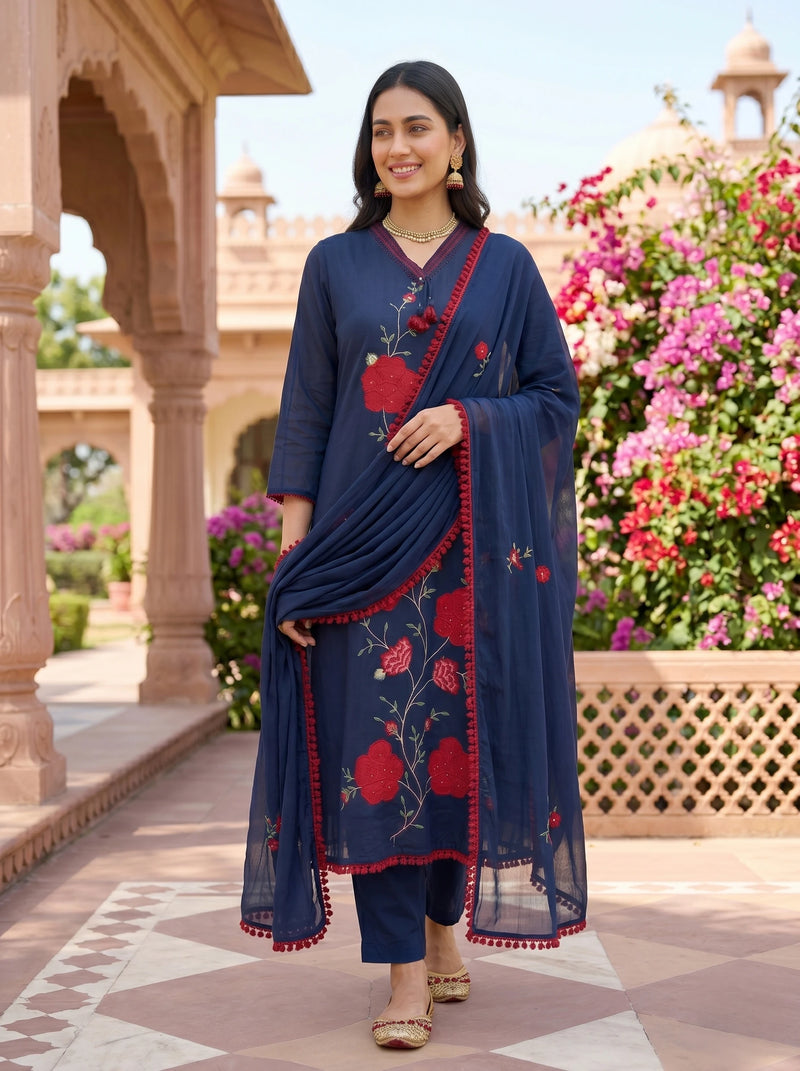 NAVY FLORAL THREADWORK MUL COTTON SUIT SET