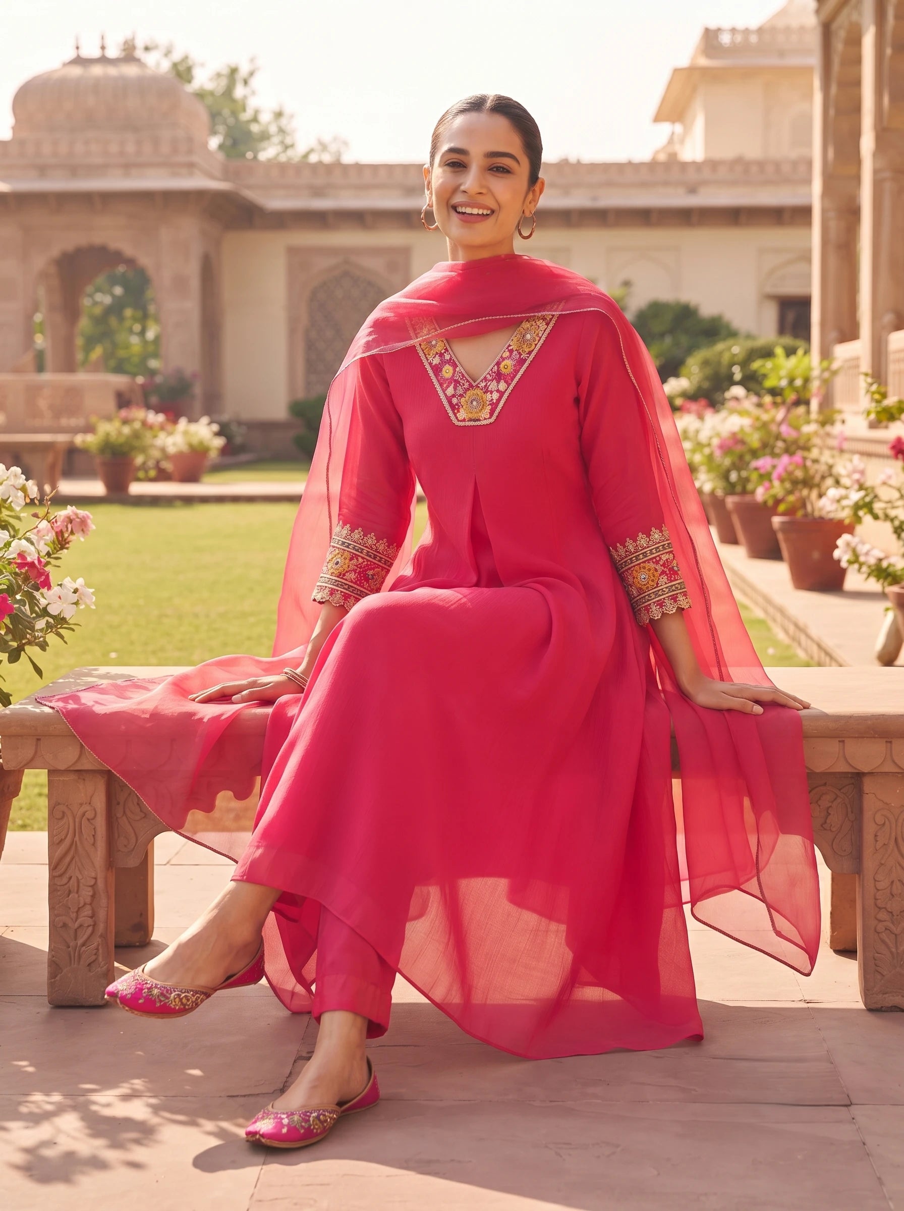 STRIKING PINK EMBELLISHED NECKLINE PURE CHINNON SUIT SET
