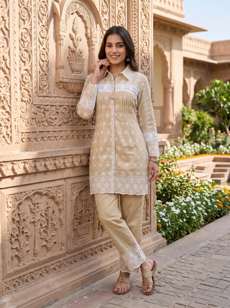 BEIGE LACE ELEGANCE SCHIFFLI WORK  MUL COTTON  CO-ORD SET