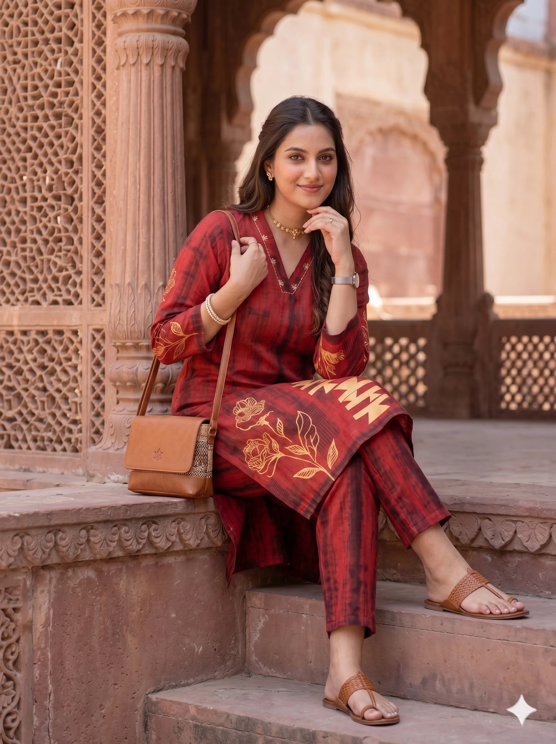RUSTIC RED ABSTRACT PRINT CO-ORD SET