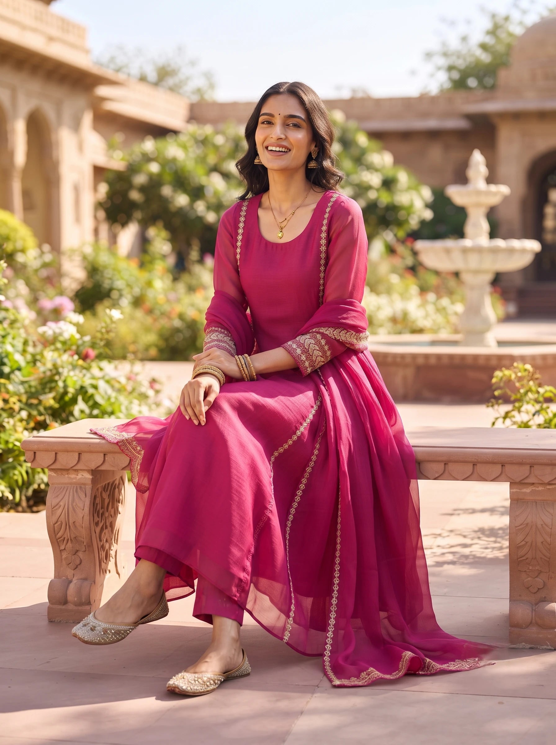 HOT PINK BANARSI MUL CHANDERI DELICATE ZARI WORK SUIT SET