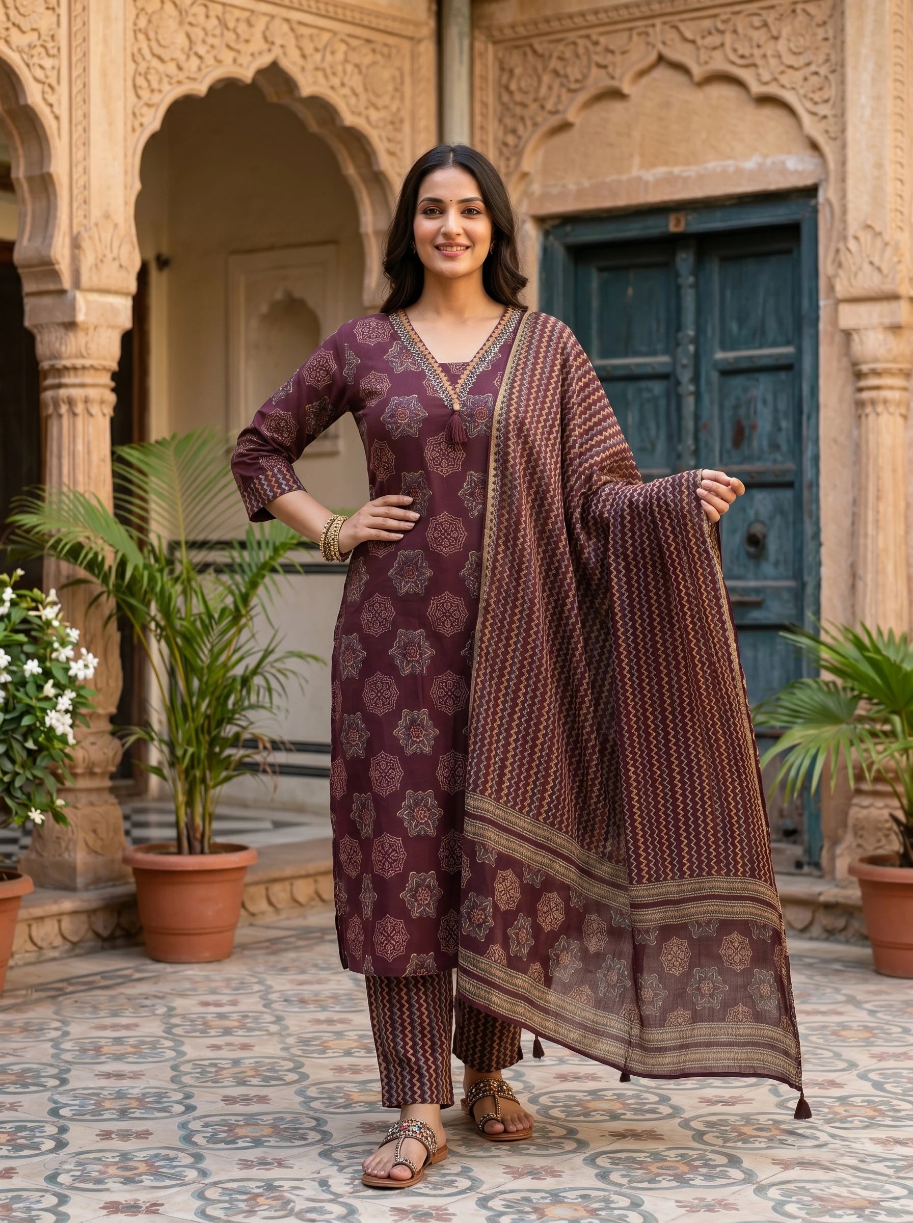 WINE BLOCK PRINT NECK EMBROIDERED SUIT SET