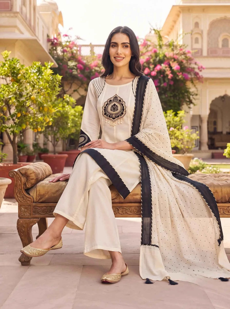 IVORY BLACK FULL EMBROIDERED PURE MUL CHANDERI SUIT WITH DUPATTA