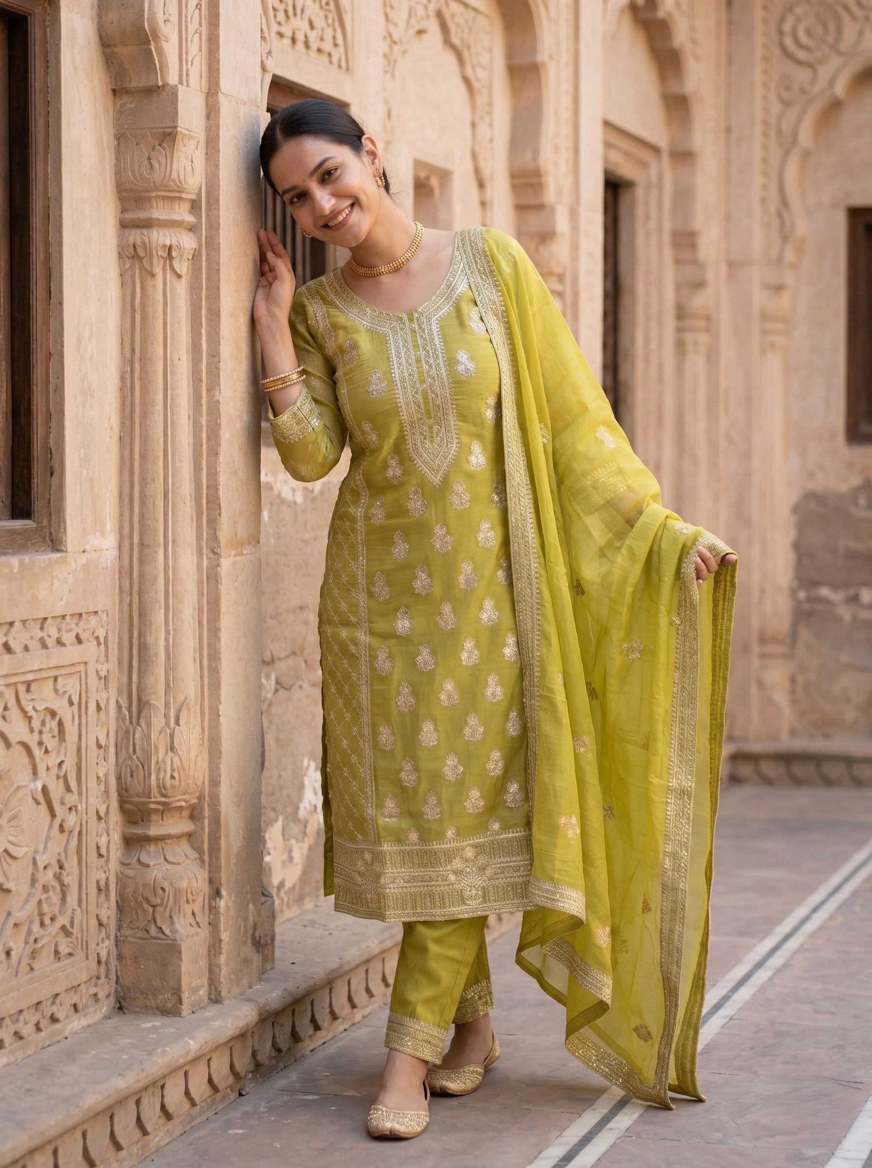HEENA THREADWORK STRAIGHT SUIT SET
