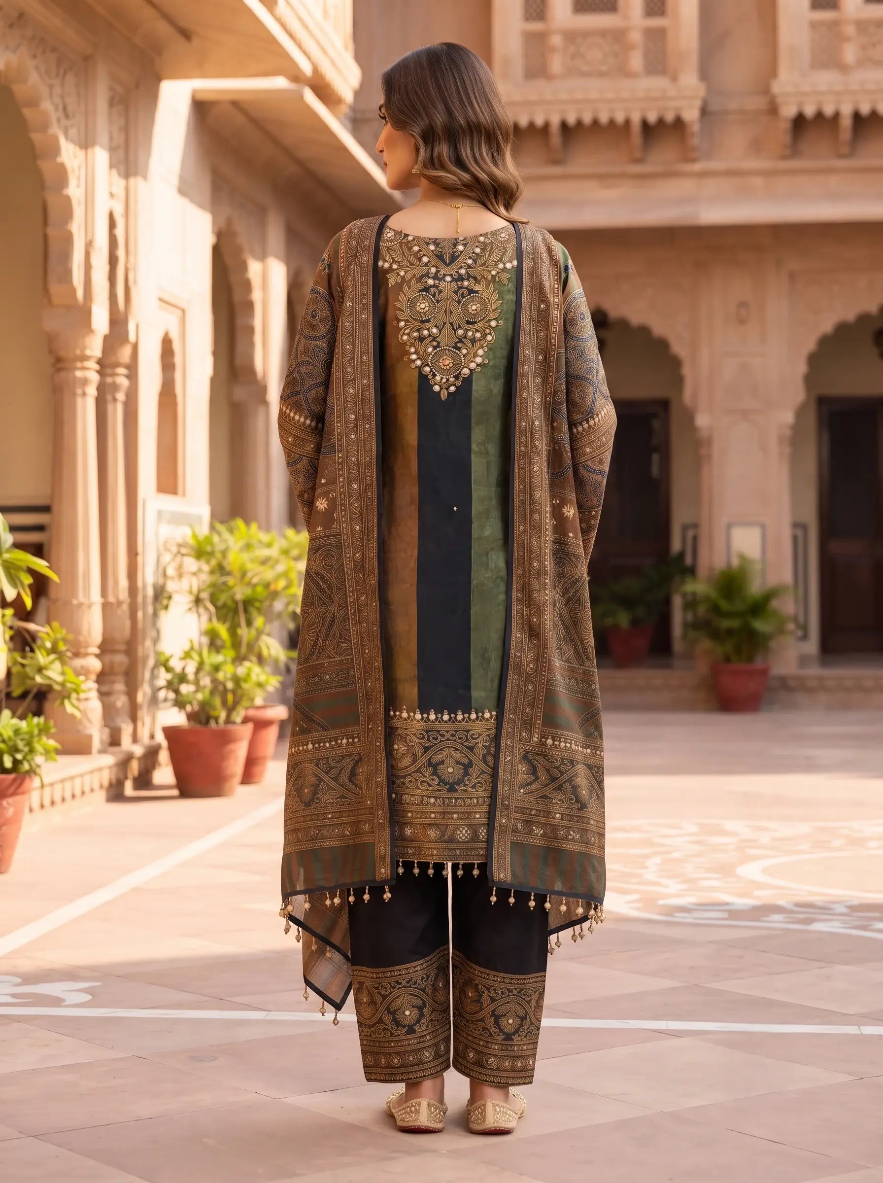 FOREST GLAMOUR EMBELLISHED FULL EMBROIDERED MUSLIN  SUIT SET