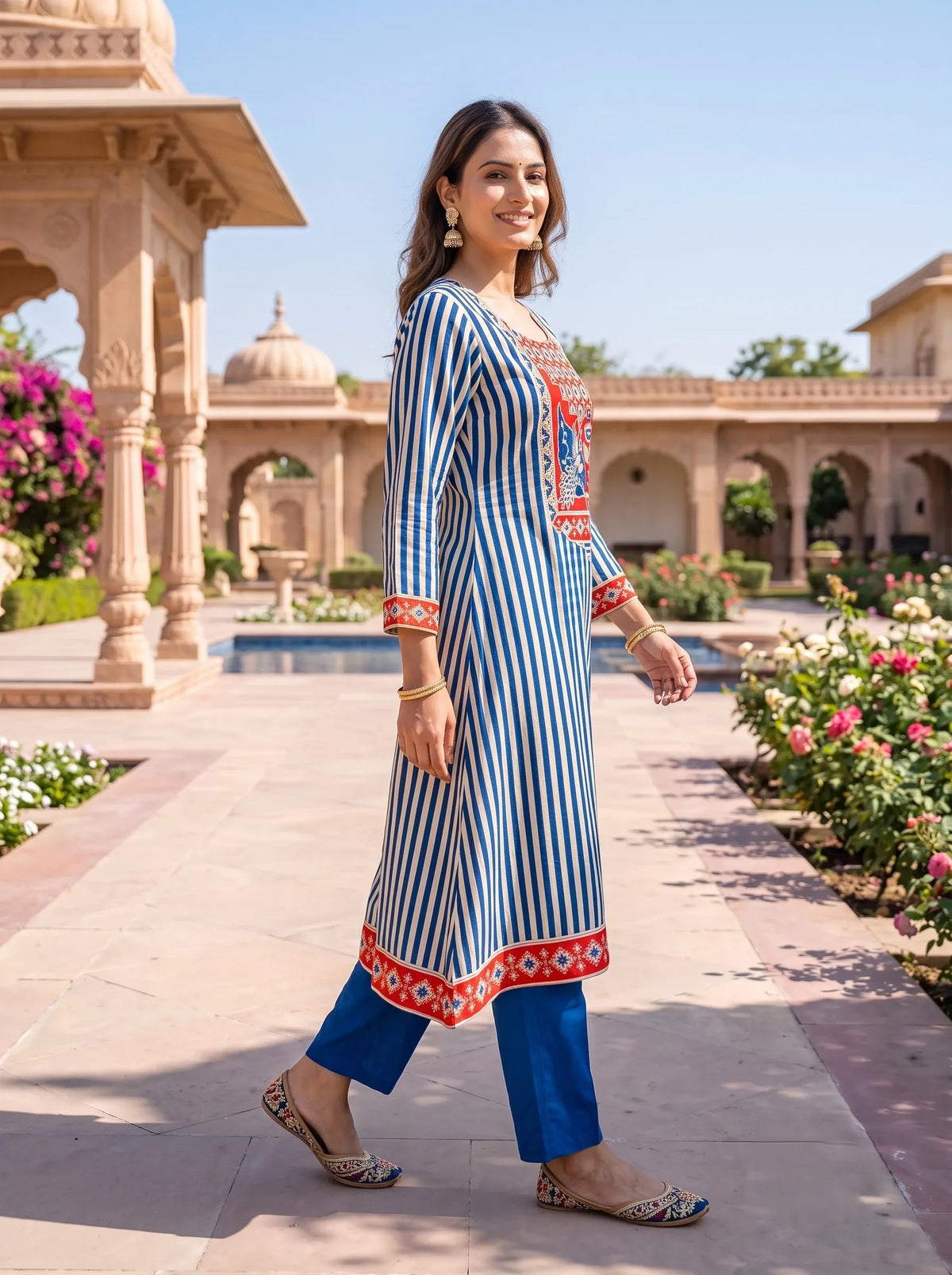 ROYAL BLUE AND RED PEACOCK  PURE GAJJI SILK KURTA  SET