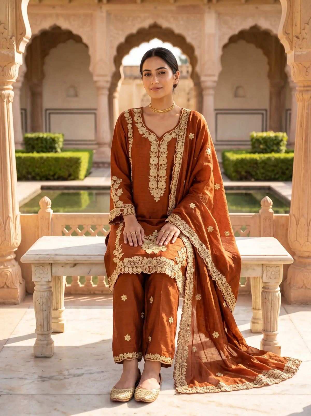 RUST BROWN HEAVY FLORAL EMBROIDERED FESTIVE SUIT SET