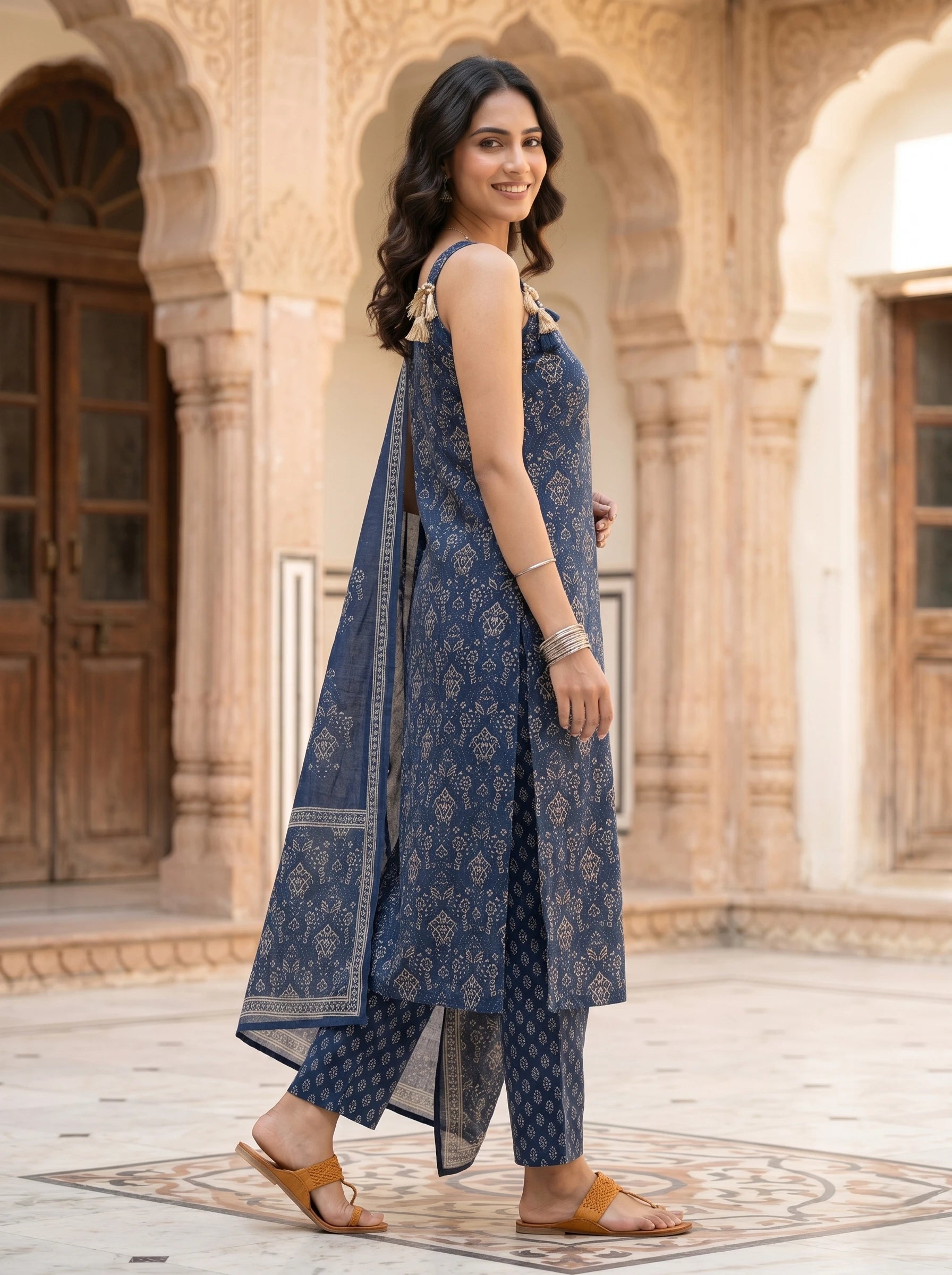ROYAL NAVY GOLD PRINTED HANDWORK  SLEEVELESS SUIT SET