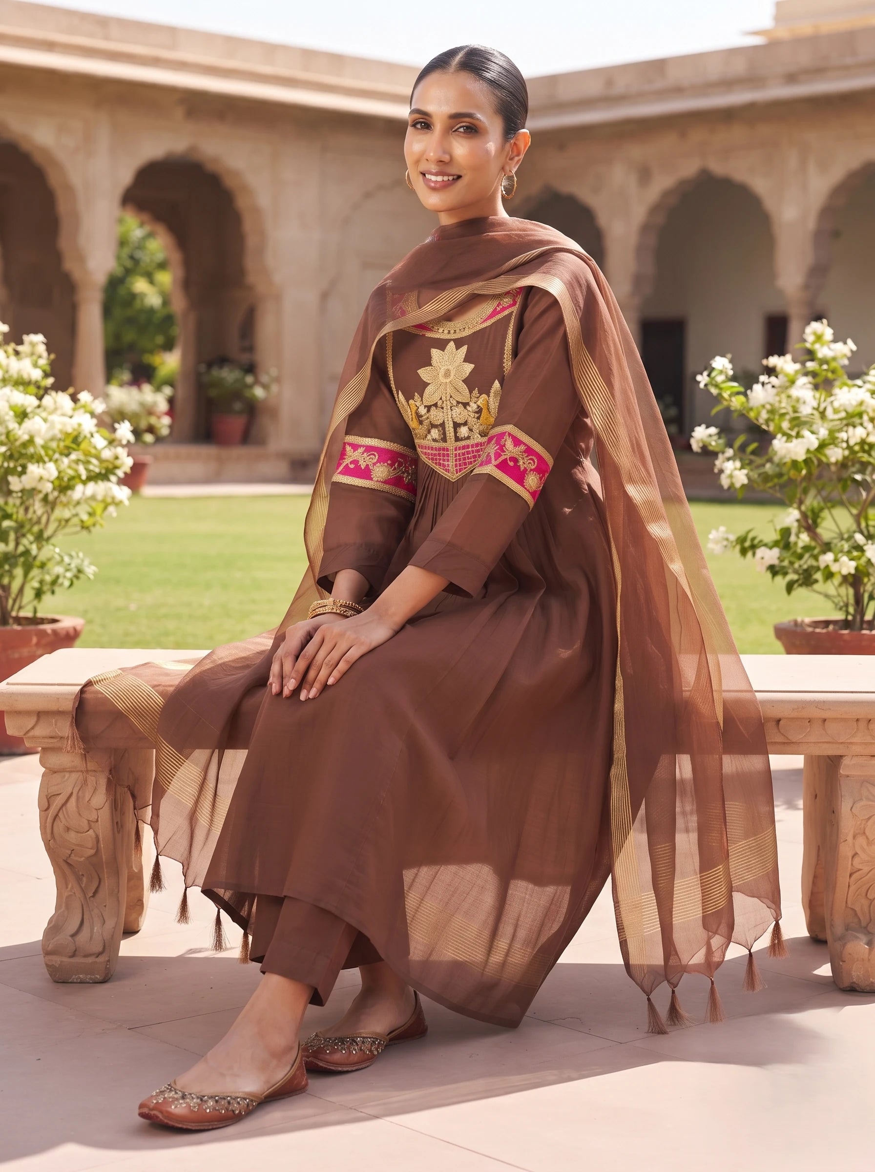 CHOCOLATE BROWN ROYAL ZARI WORK BANARSI MUL CHANDERI SUIT SET