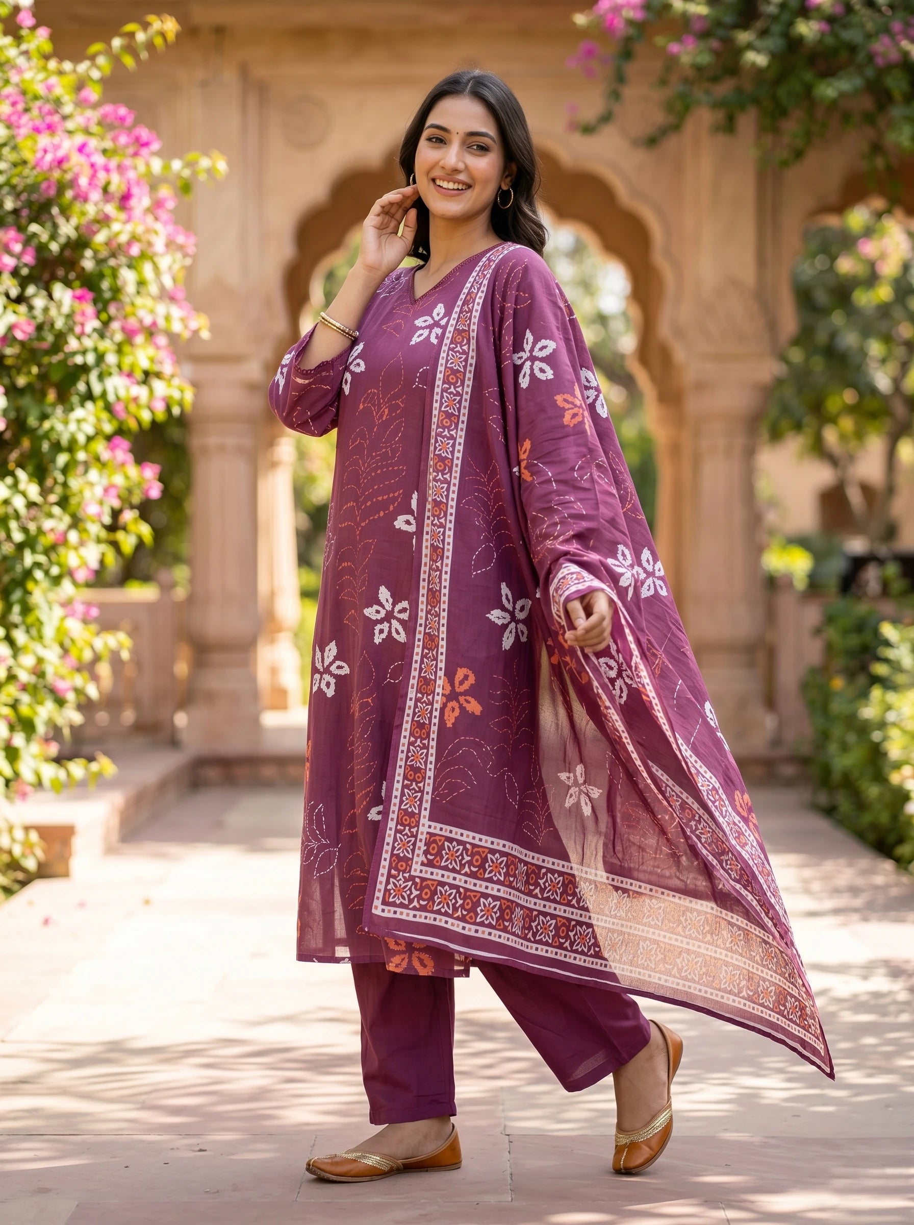 WINE FLORAL MUL COTTON SUIT SET