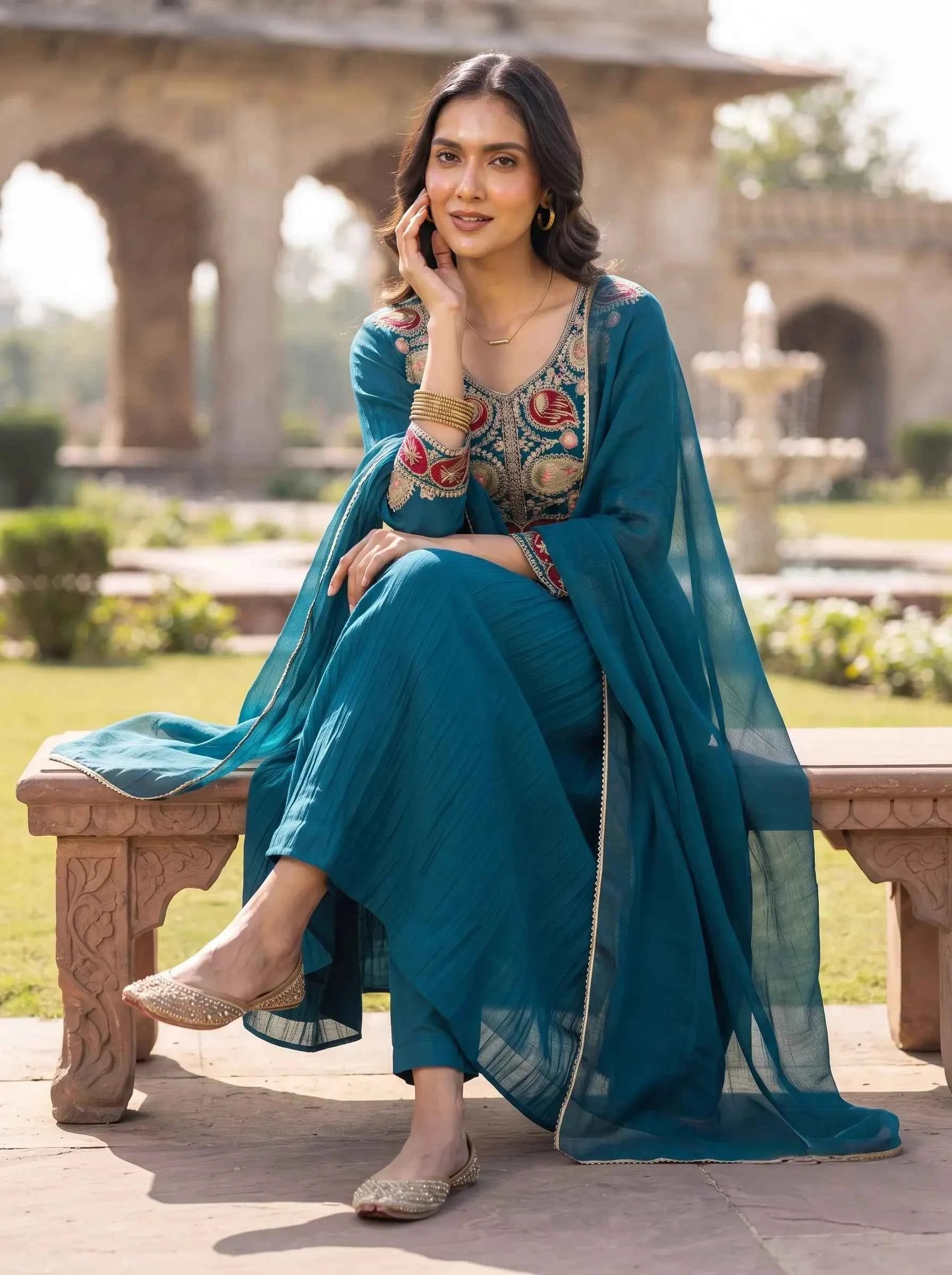 PEACOCK BLUE TRADITIONAL MOTIF FESTIVE DESIGNER BANARSI MUL CHANDERI SUIT