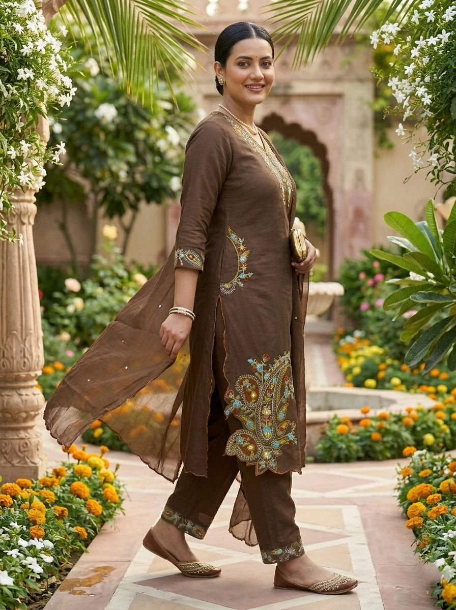COFFEE  BROWN THREADWORK MUL  COTTON SUIT  SET