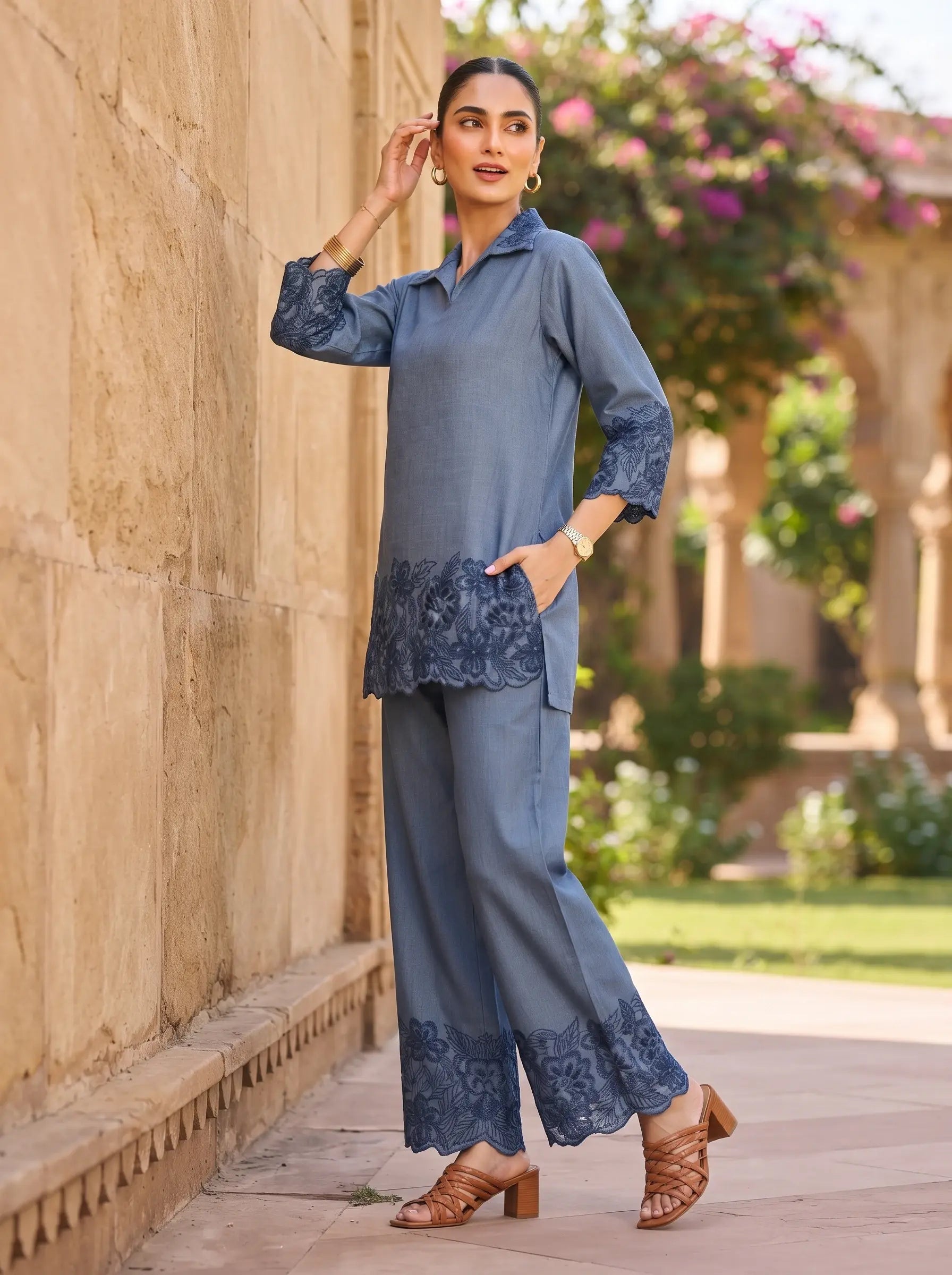 ELEGANT BLUE CUTWORK FLORAL EMBROIDERED DENIM COTTON CO-ORD SET