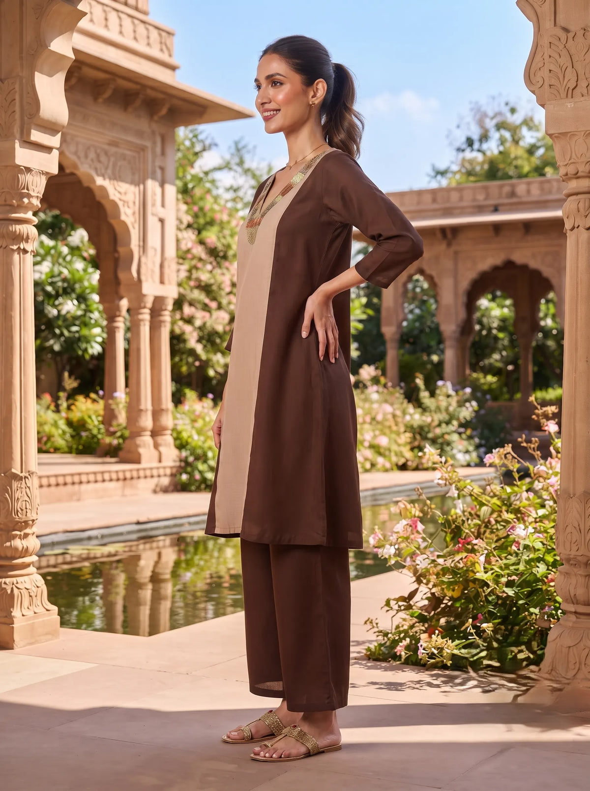 TWO TONE COFFEE AND KHAKI SEQUIN EMBELLISHED FESTIVE CO-ORD SET