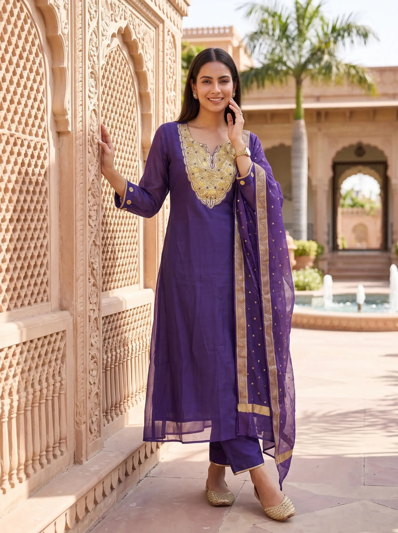 PURPLE FESTIVE DESIGNER HAND EMBROIDERED FESTIVE SUIT SET