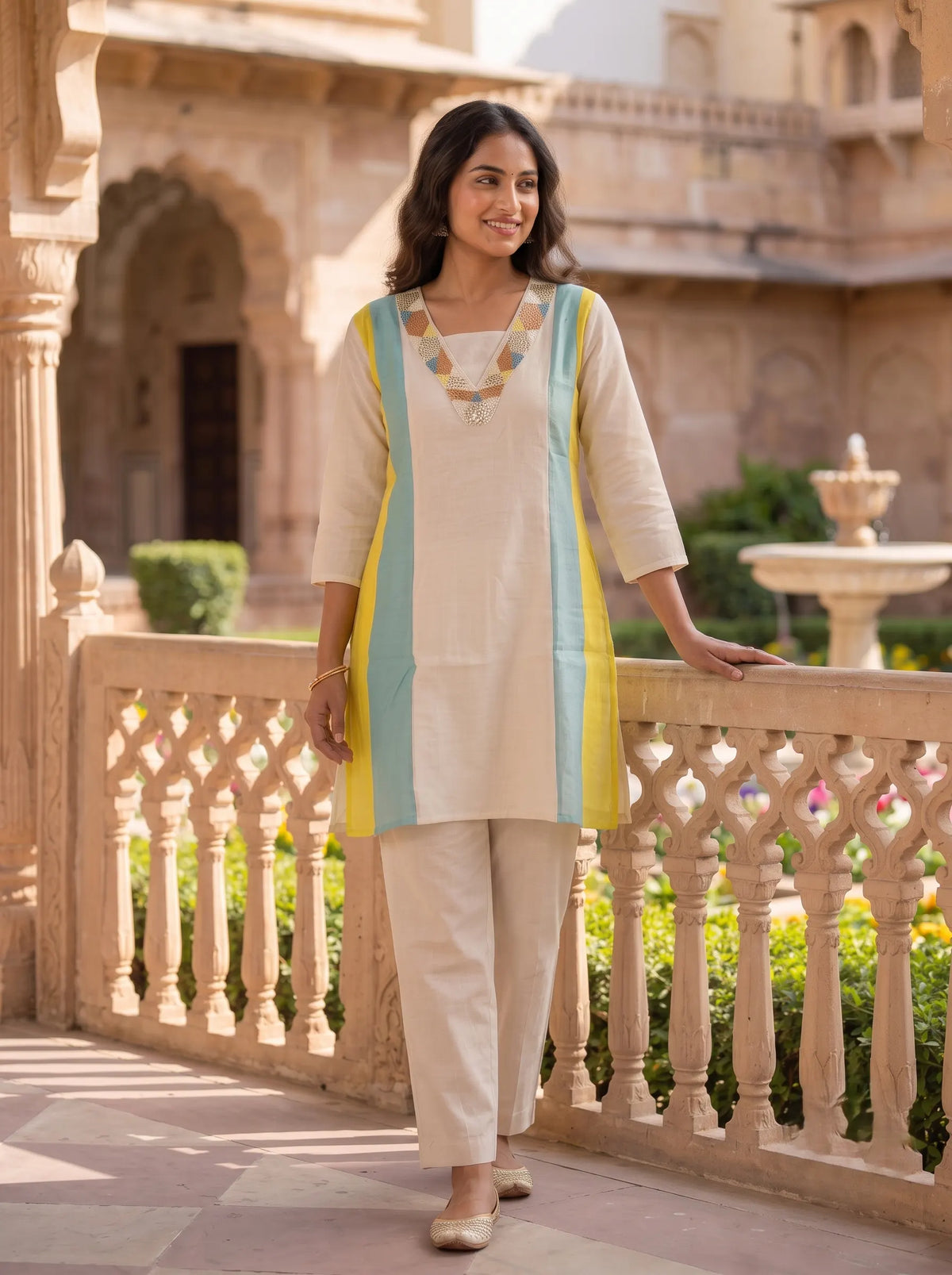 BEIGE AND TEAL GEOMETRIC BEADED NECKLINE FESTIVE CO-ORD SET